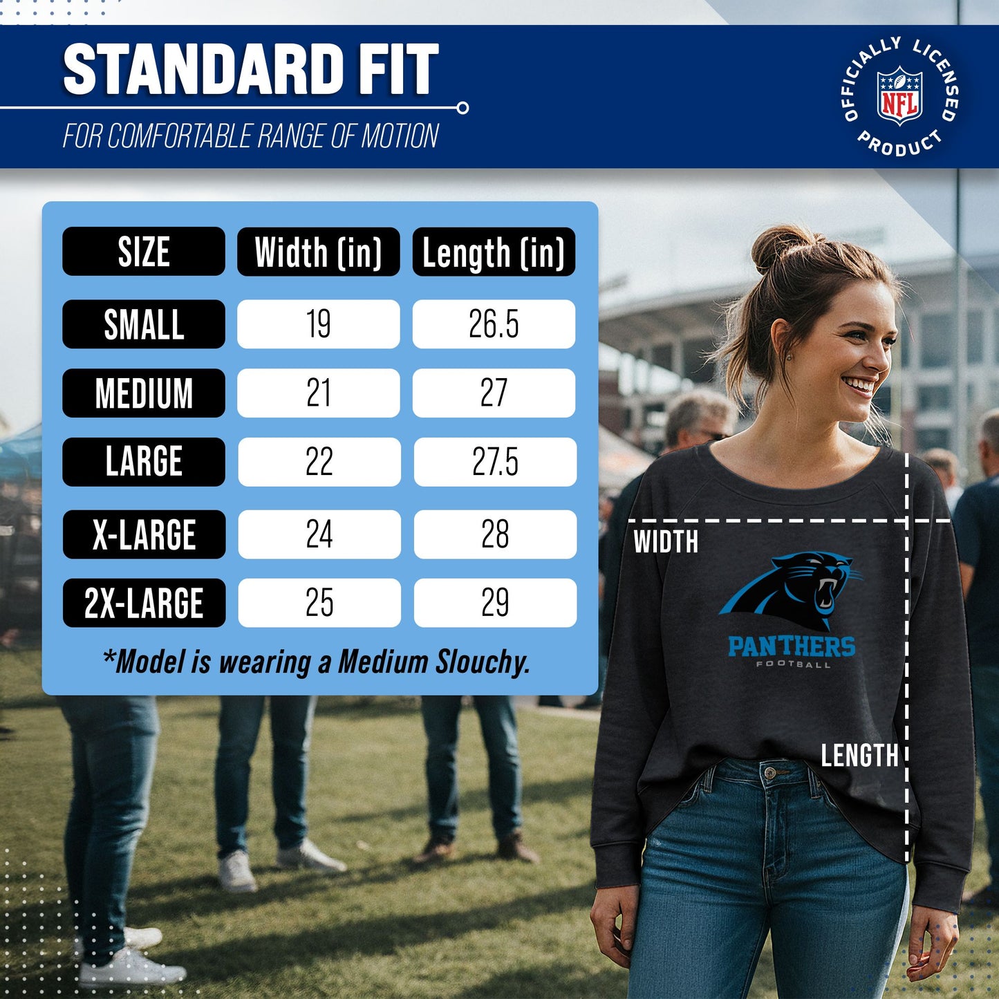 Carolina Panthers Women's NFL Ultimate Fan Logo Slouchy Crewneck -Tagless Fleece Lightweight Pullover - Charcoal