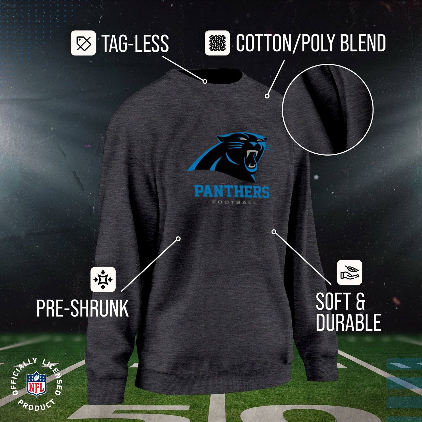 Carolina Panthers Women's NFL Ultimate Fan Logo Slouchy Crewneck -Tagless Fleece Lightweight Pullover - Charcoal