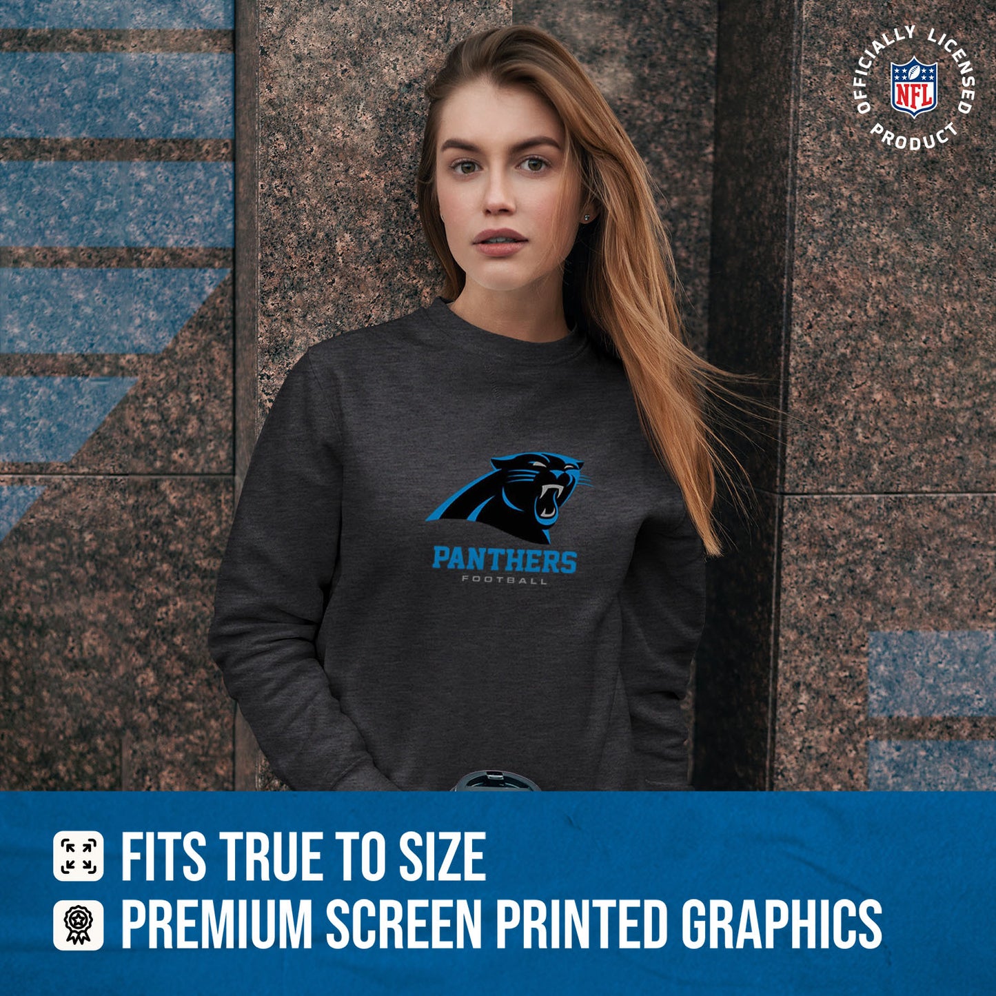 Carolina Panthers Women's NFL Ultimate Fan Logo Slouchy Crewneck -Tagless Fleece Lightweight Pullover - Charcoal