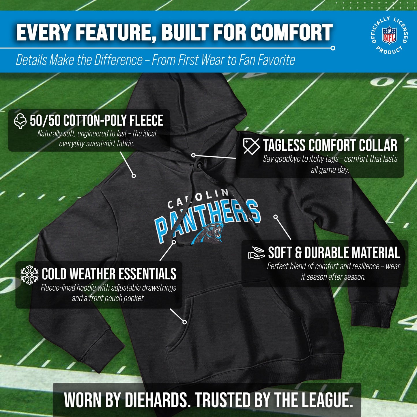 Carolina Panthers NFL Adult Unisex Starting Fresh Ultra Soft Fleece Hooded Sweatshirt - Black Heather
