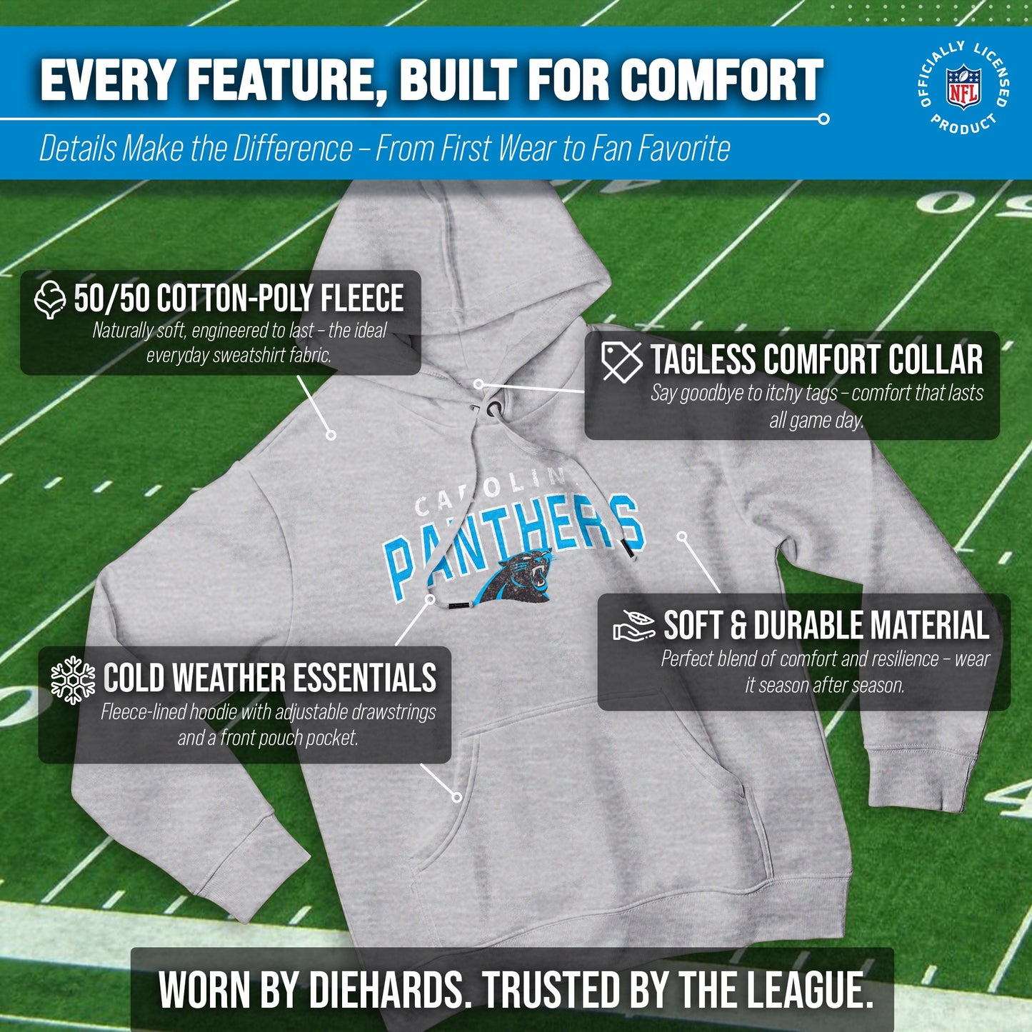 Carolina Panthers NFL Adult Unisex Starting Fresh Ultra Soft Fleece Hooded Sweatshirt - Athletic Heather