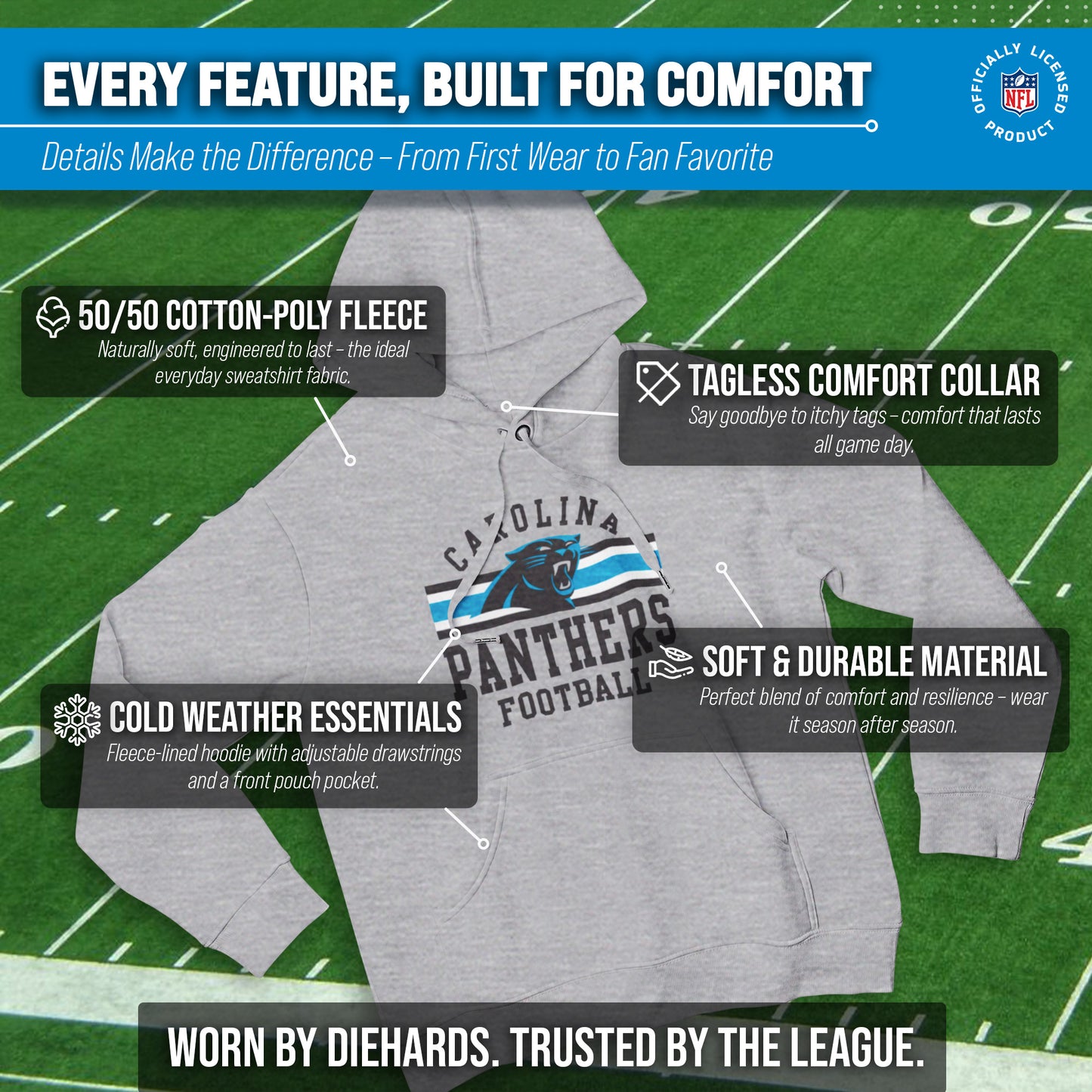 Carolina Panthers NFL Team Stripe Hooded Sweatshirt- Soft Pullover Sports Hoodie For Men & Women - Sport Gray