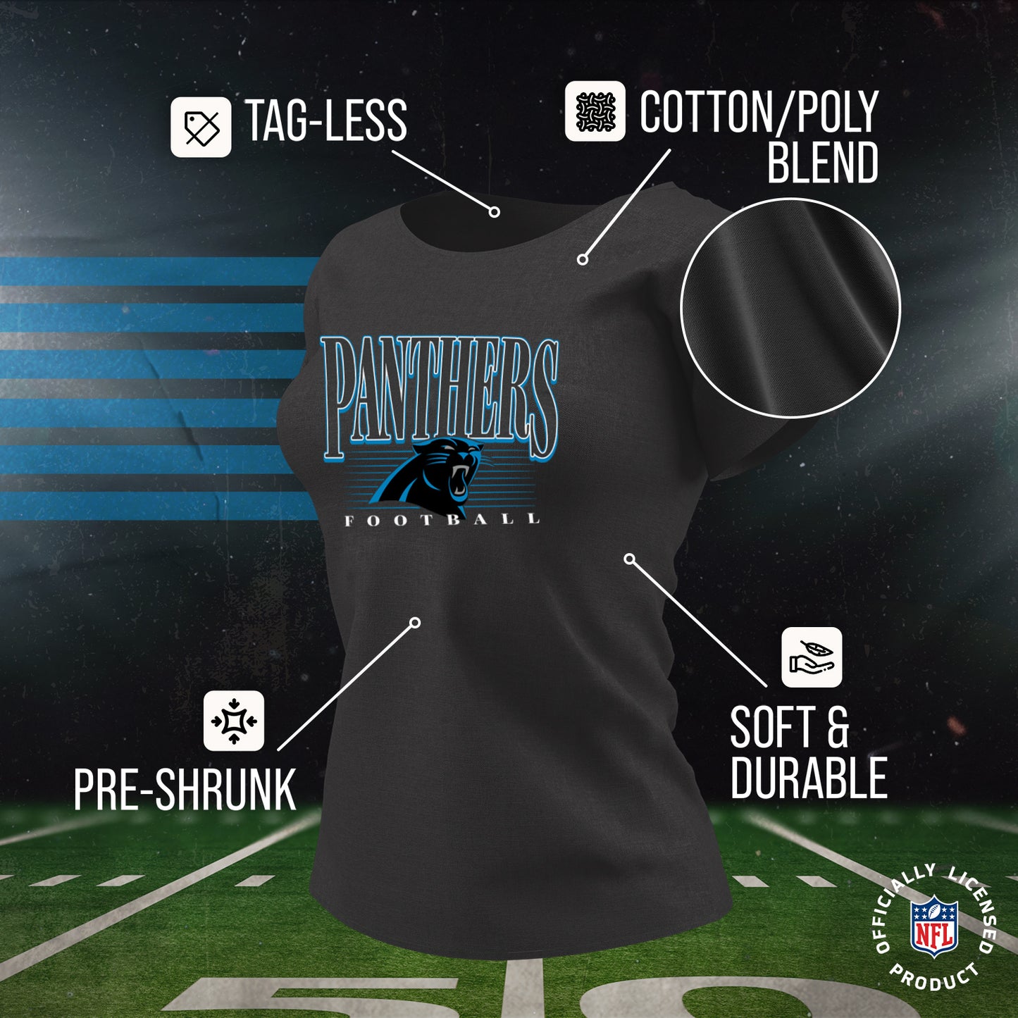 Carolina Panthers NFL Womens Overtime Blueprint Tag-Less T-Shirt - Black