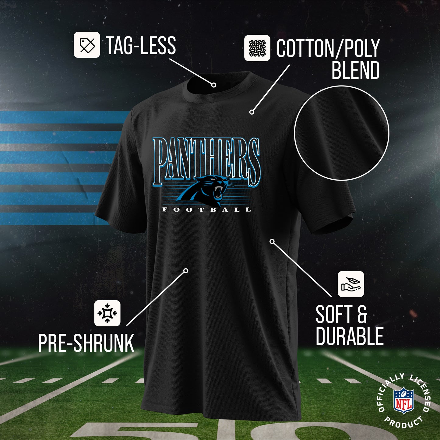 Carolina Panthers NFL Youth Overtime Blueprint Football T-Shirt Unisex Tag Free Comfortable - Black