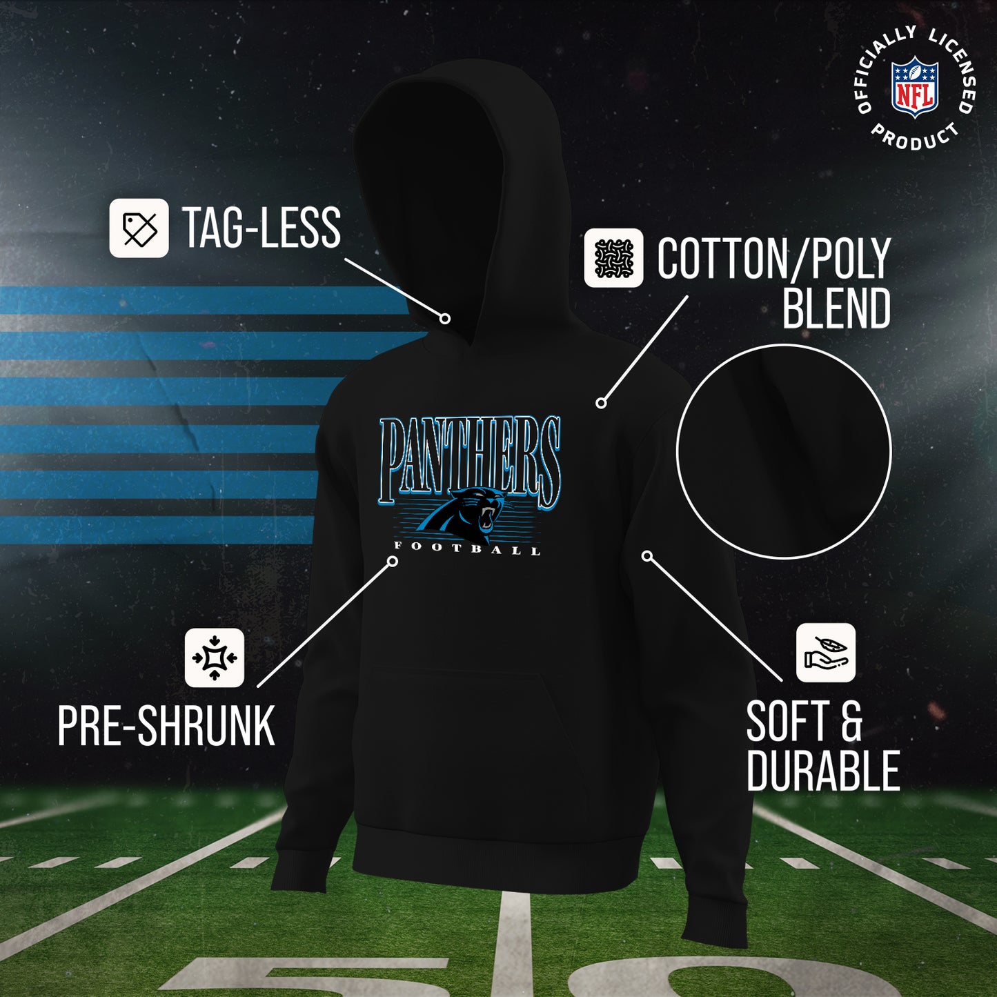 Carolina Panthers NFL Youth Overtime Blueprint Football Fleece Hooded Sweatshirt - Black