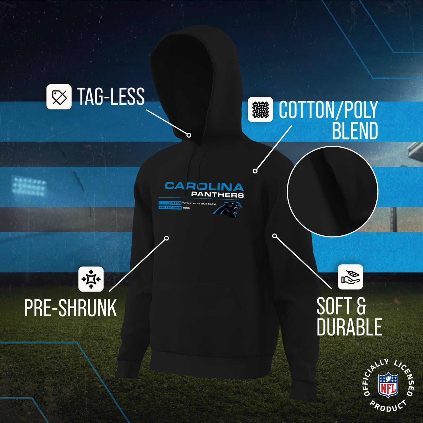 Carolina Panthers Adult NFL Speed Stat Sheet Fleece Hooded Sweatshirt - Black