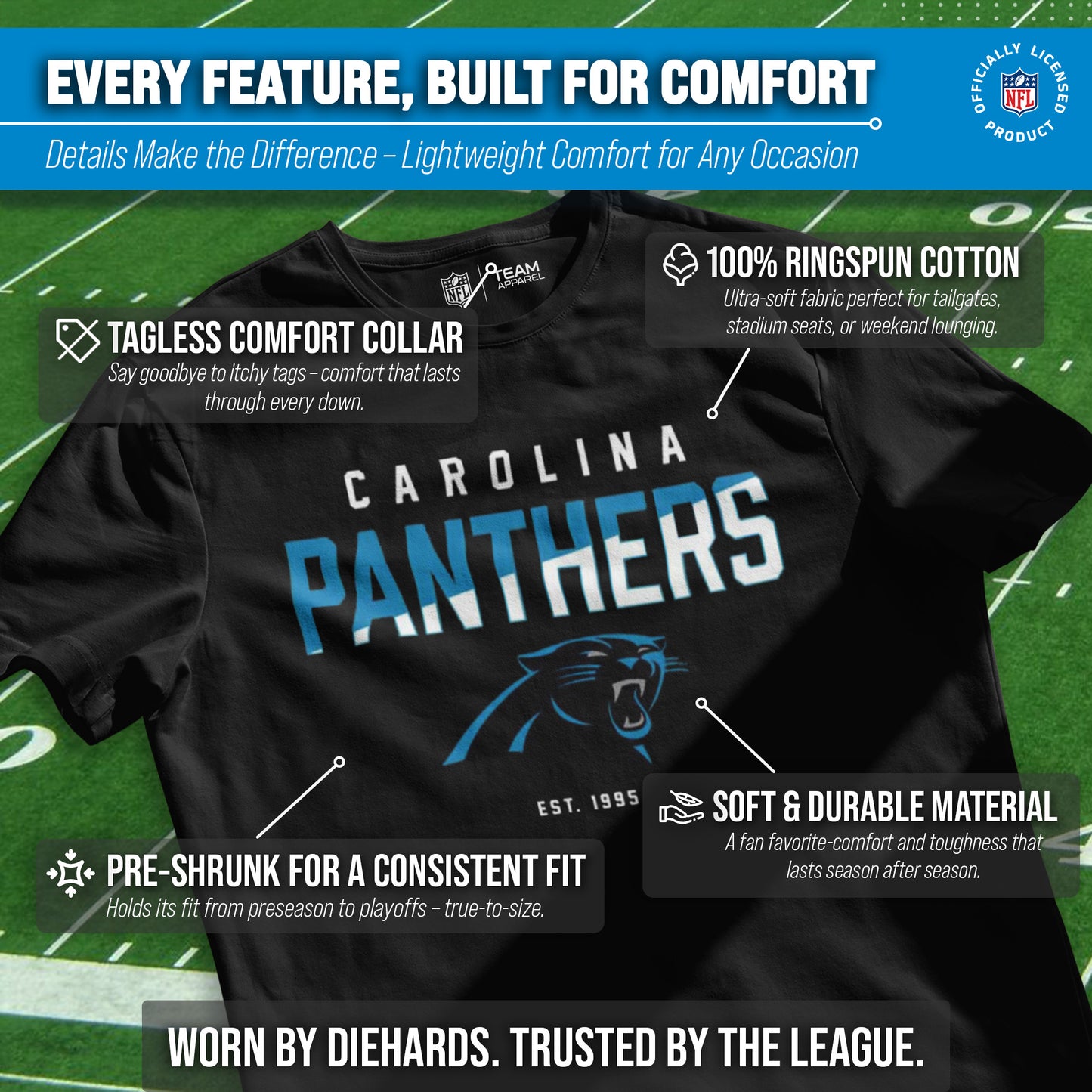 Carolina Panthers Adult NFL Diagonal Fade Color Block T-Shirt - Black