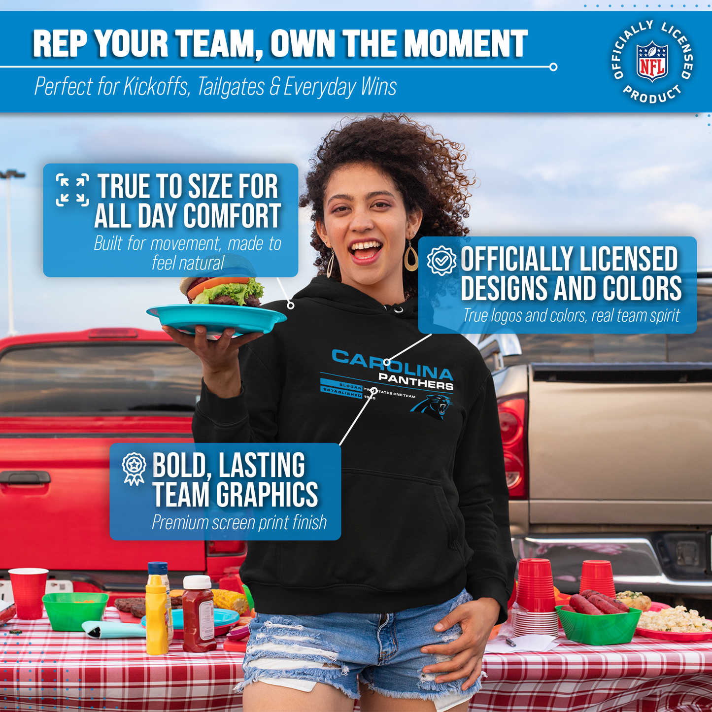 Carolina Panthers Adult NFL Speed Stat Sheet Fleece Hooded Sweatshirt - Black