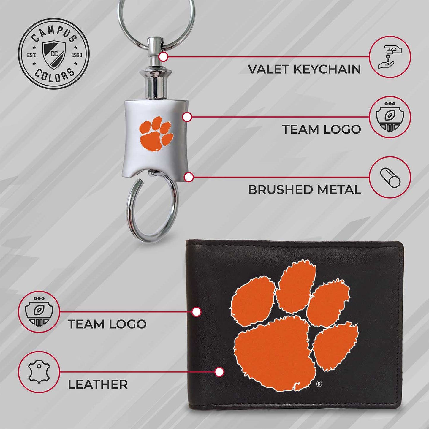 Clemson Tigers University Team Logo Mens Bi Fold Wallet and Unisex Valet Keychain Bundle - Black