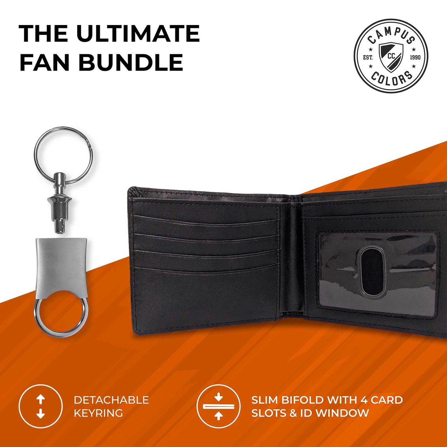 Clemson Tigers University Team Logo Mens Bi Fold Wallet and Unisex Valet Keychain Bundle - Black