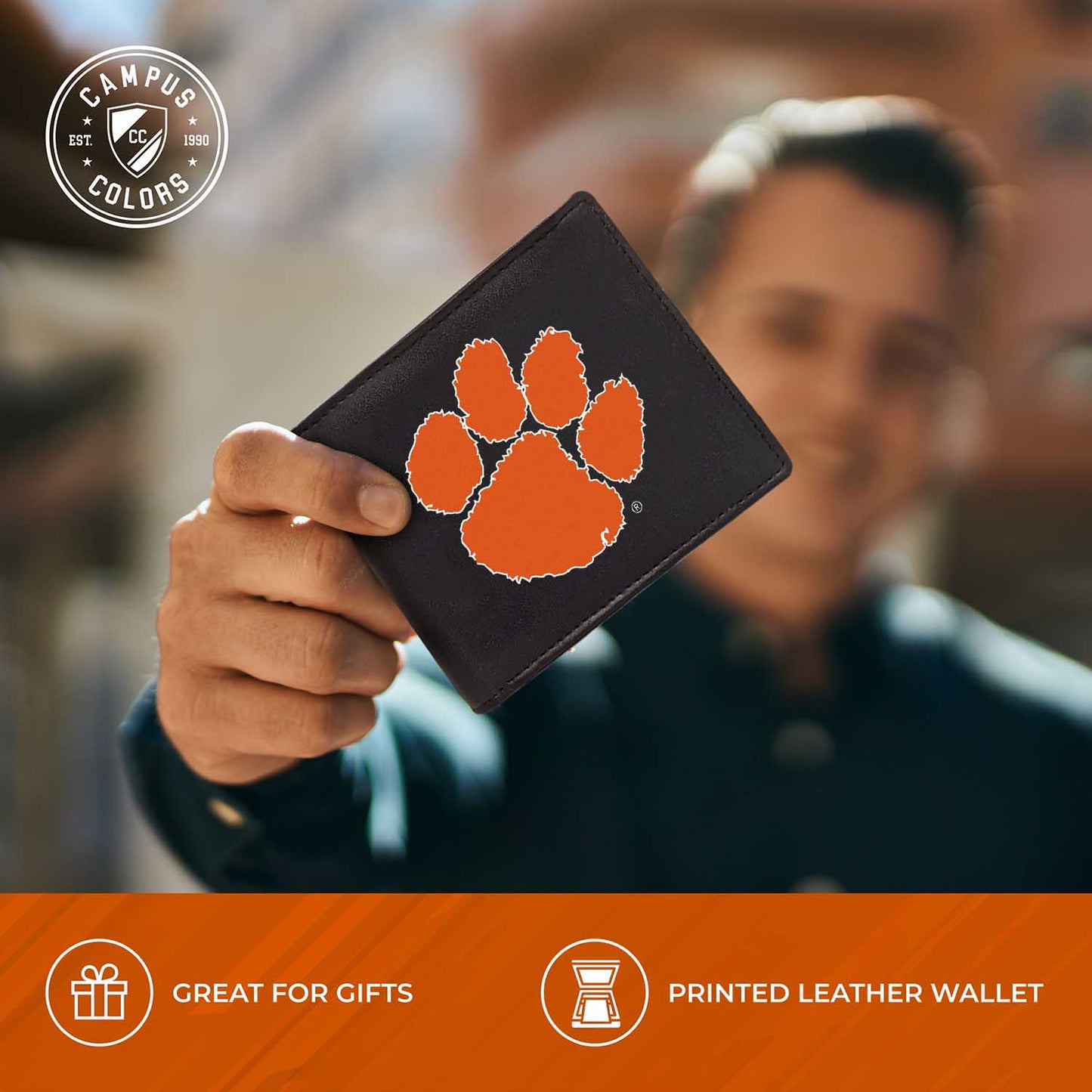 Clemson Tigers University Team Logo Mens Bi Fold Wallet and Unisex Valet Keychain Bundle - Black