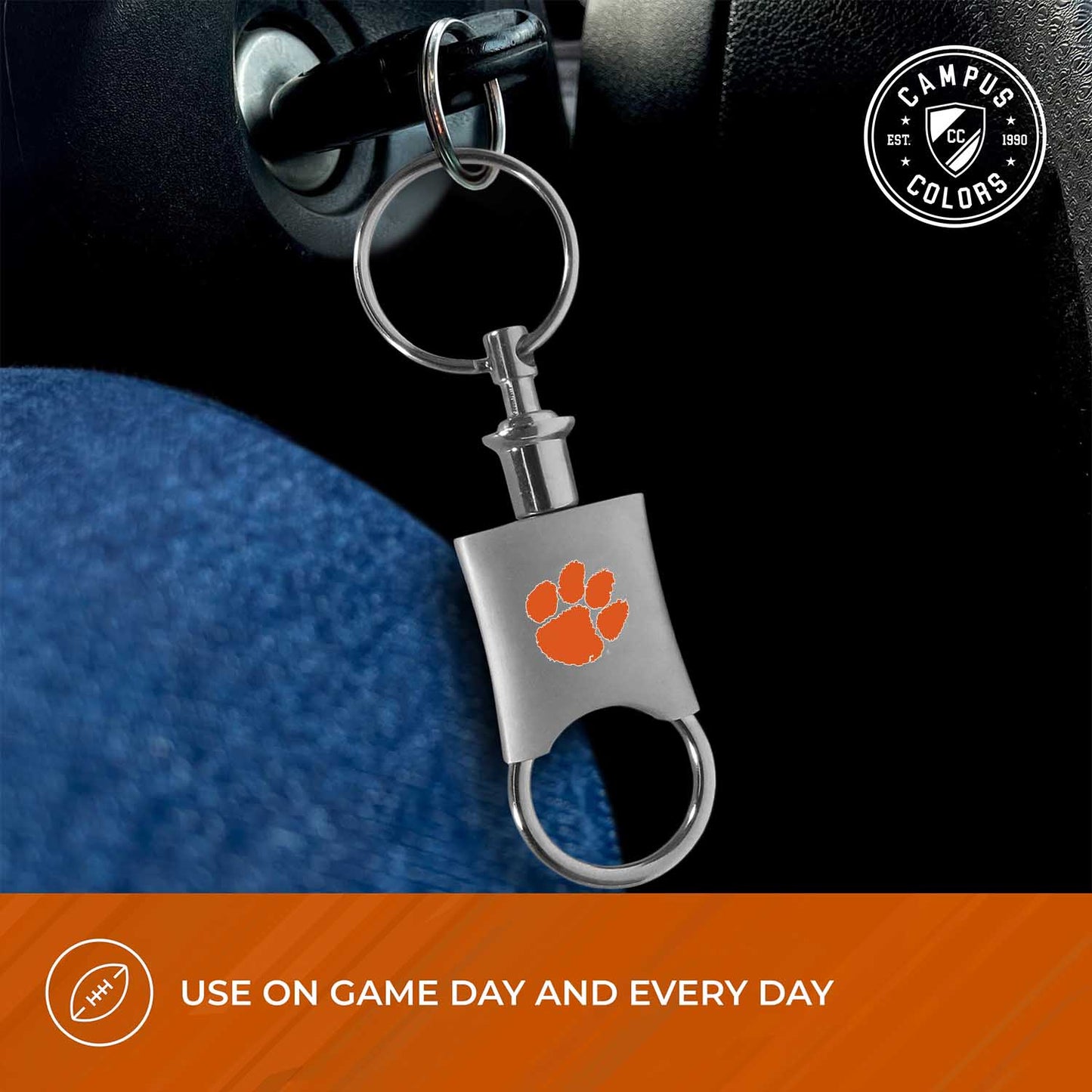 Clemson Tigers University Team Logo Mens Bi Fold Wallet and Unisex Valet Keychain Bundle - Black