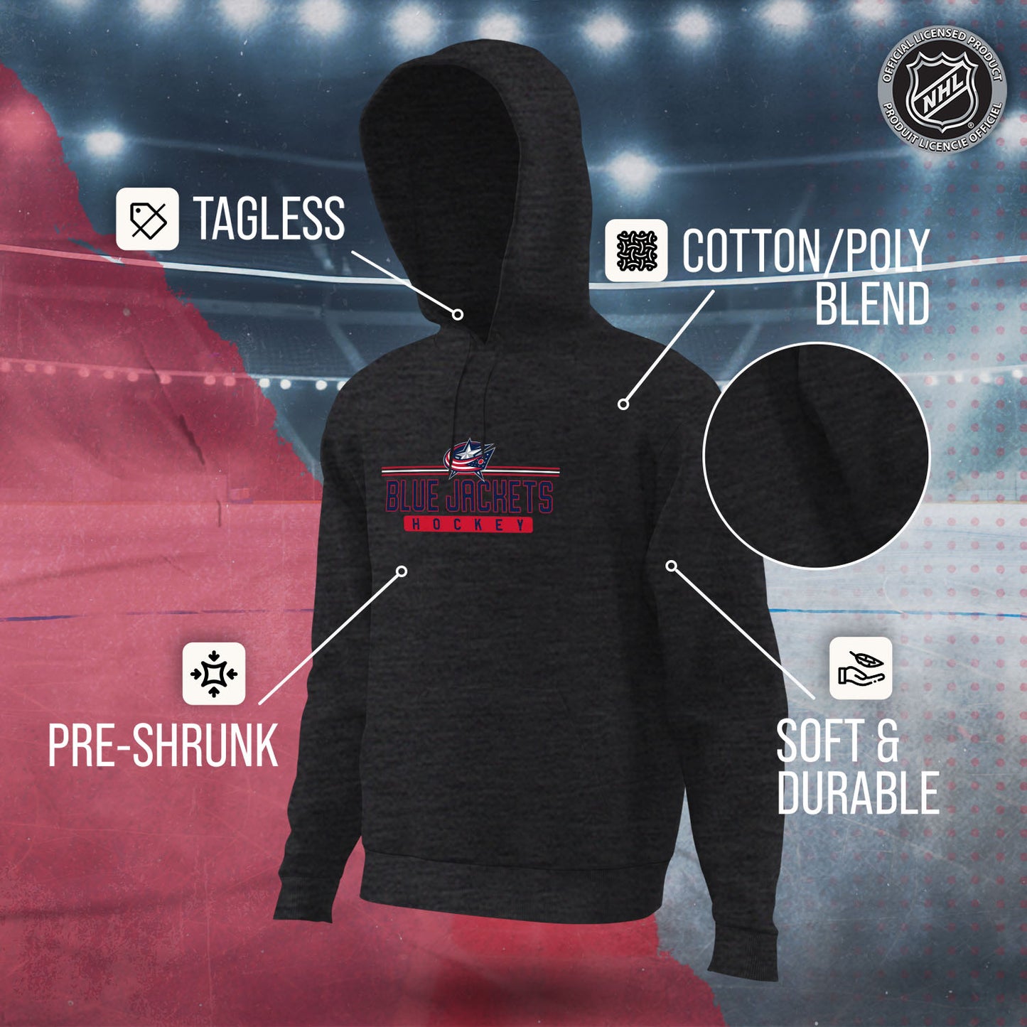 Columbus Blue Jackets NHL Adult Heather Charcoal True Fan Hooded Sweatshirt Unisex - Charcoal