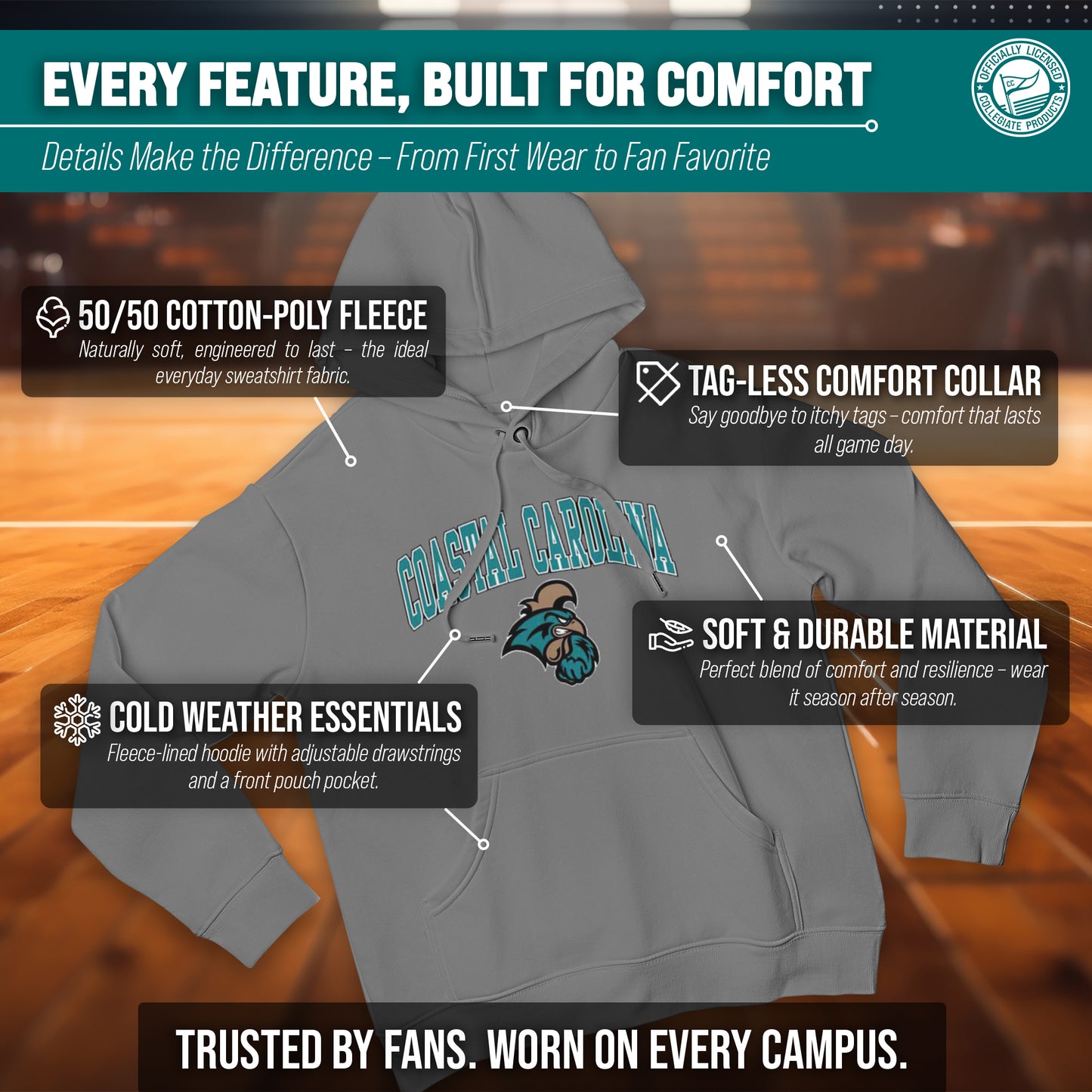 Coastal Carolina Chanticleers Adult Arch & Logo Soft Style Gameday Hooded Sweatshirt - Graphite