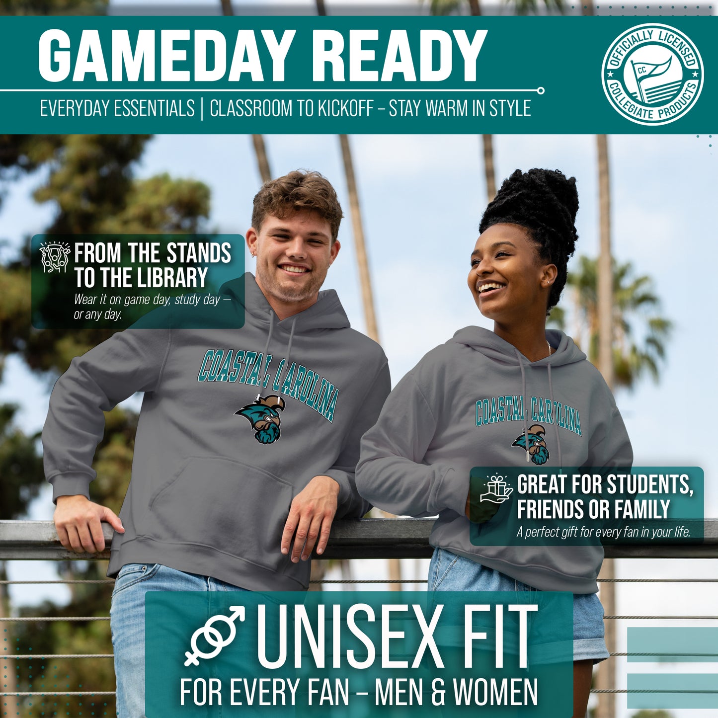 Coastal Carolina Chanticleers Adult Arch & Logo Soft Style Gameday Hooded Sweatshirt - Graphite