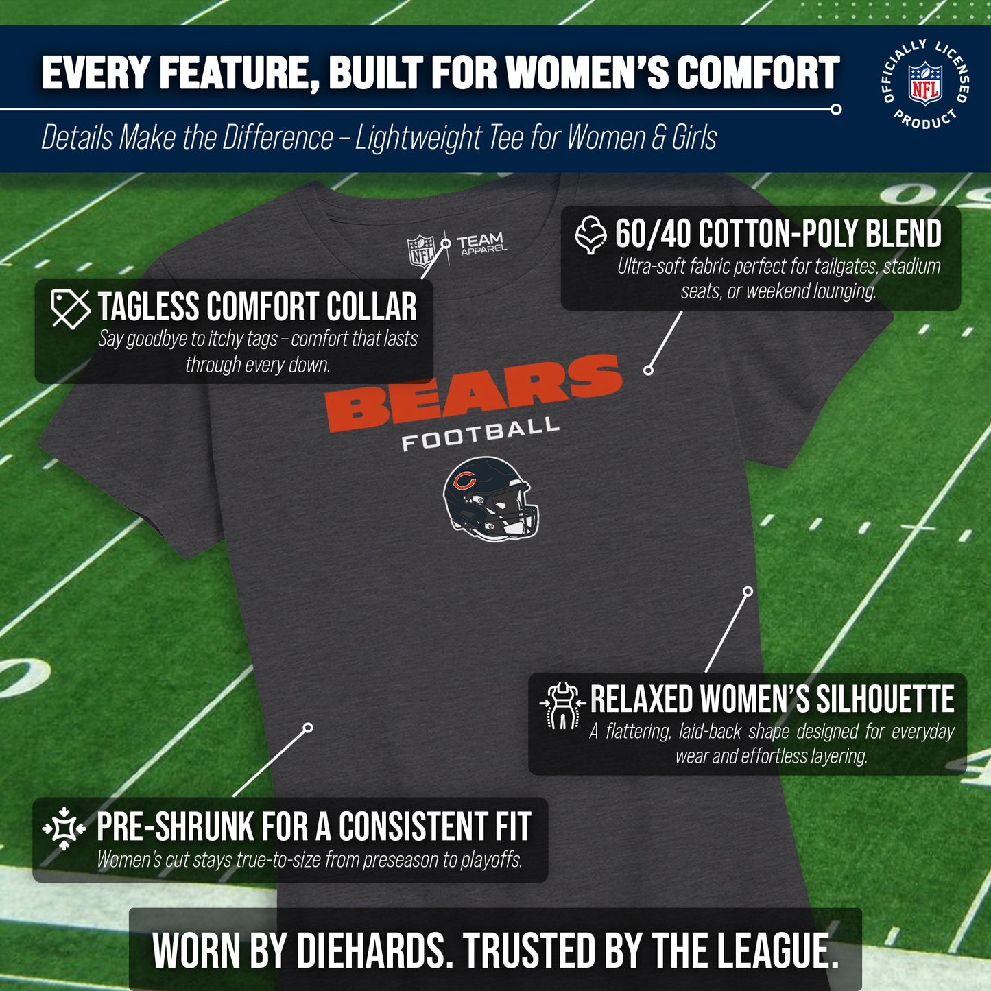 Chicago Bears Women's NFL Football Helmet Short Sleeve Tagless T-Shirt - Charcoal