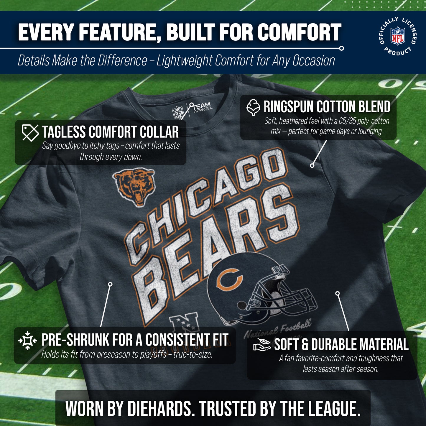 Chicago Bears NFL Adult Distressed Helmet Tag-Less T-Shirt - Navy Heather