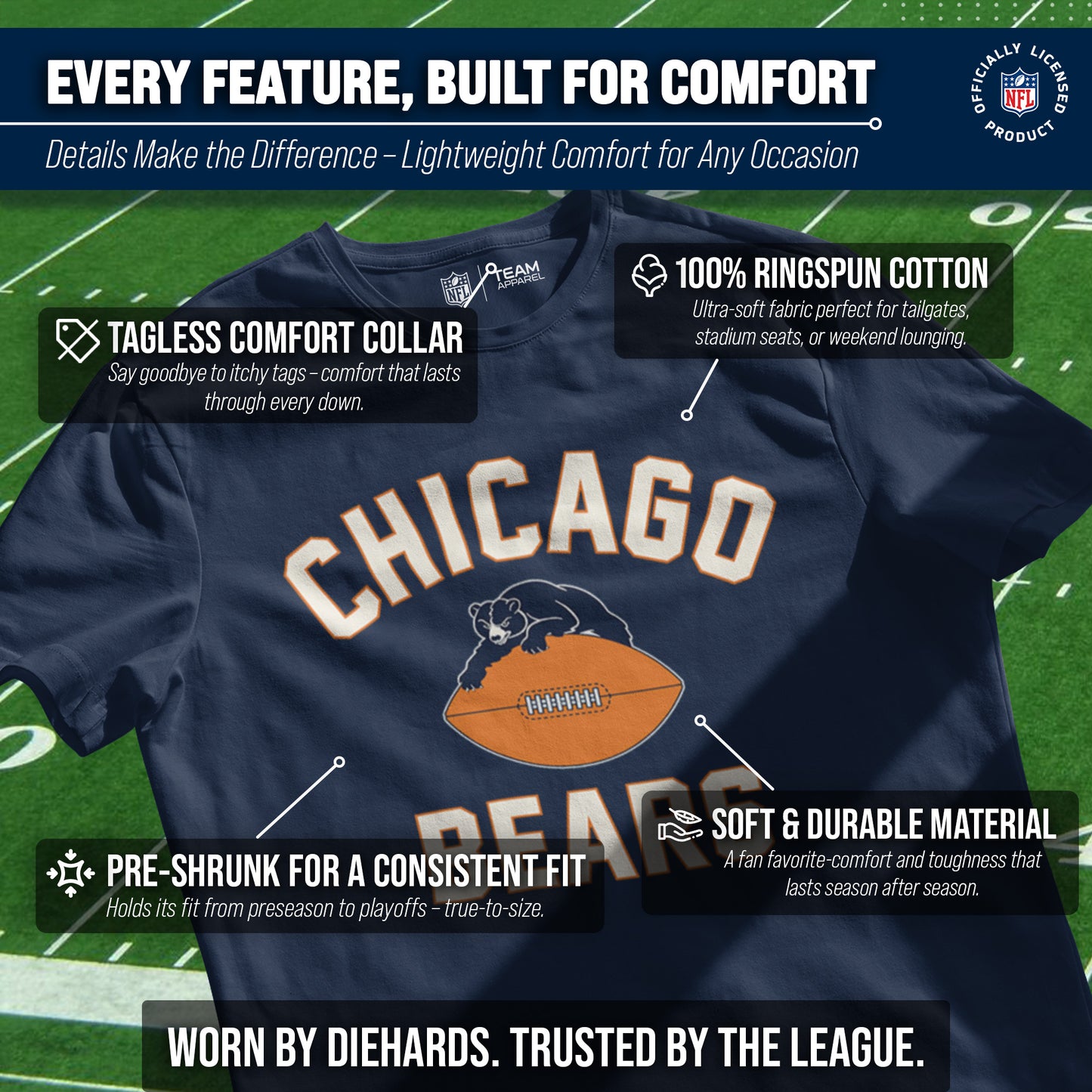 Chicago Bears NFL Adult Retro Gameday Unisex T-Shirt - Navy