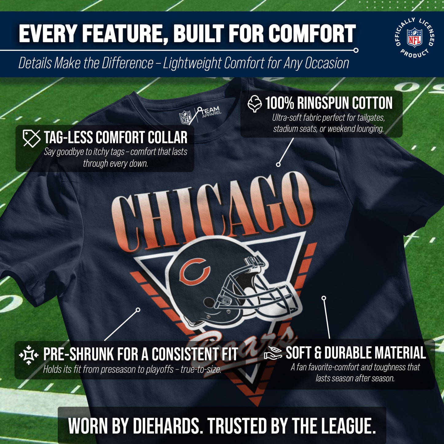 Chicago Bears NFL Adult Retro Triangle Unisex T-Shirt - Navy