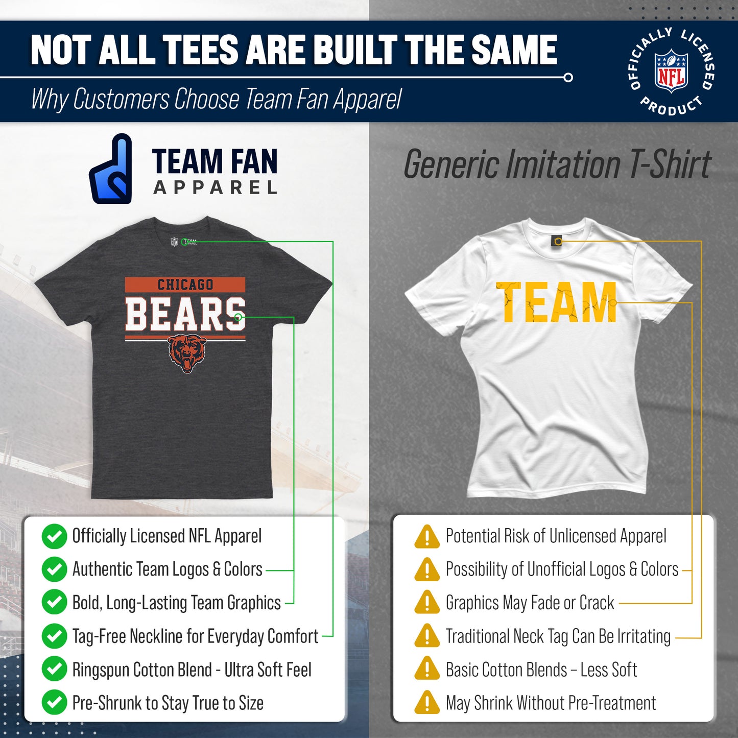 Chicago Bears NFL Adult Team Block Tagless T-Shirt - Charcoal
