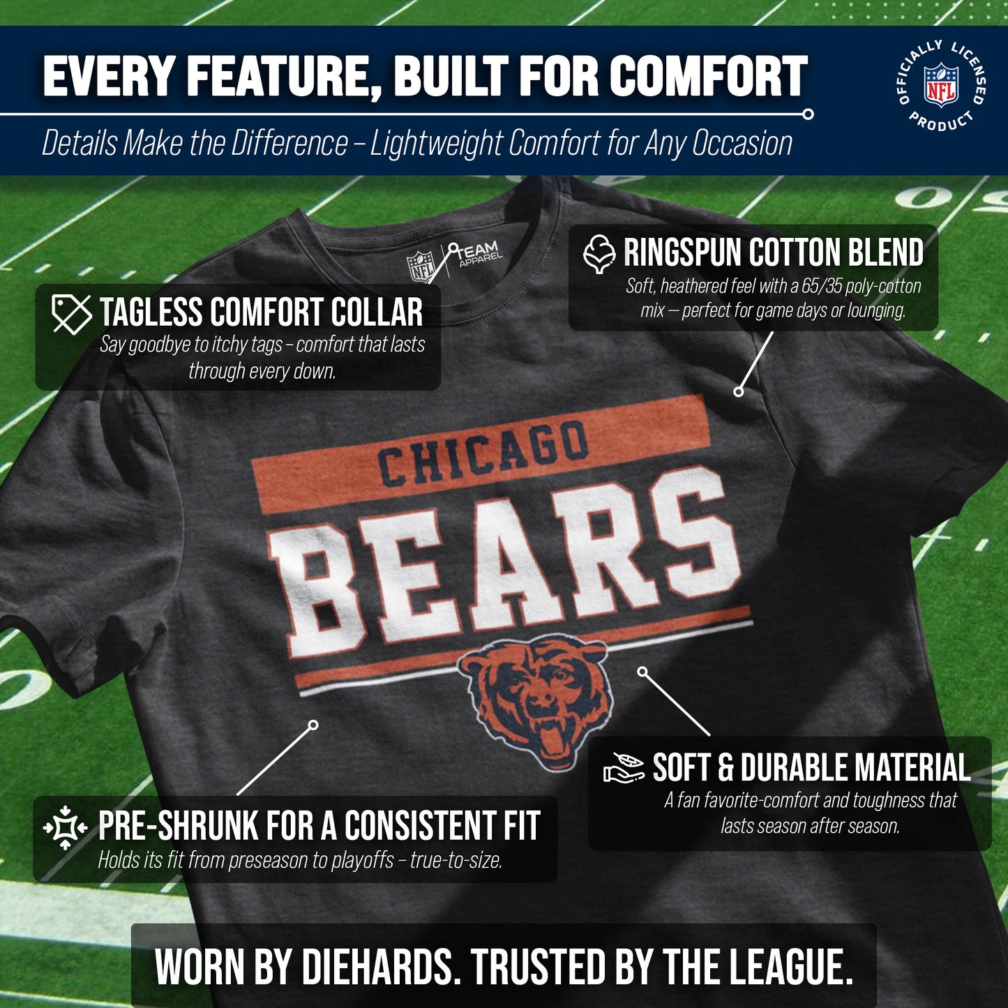 Chicago Bears NFL Adult Team Block Tagless T-Shirt - Charcoal