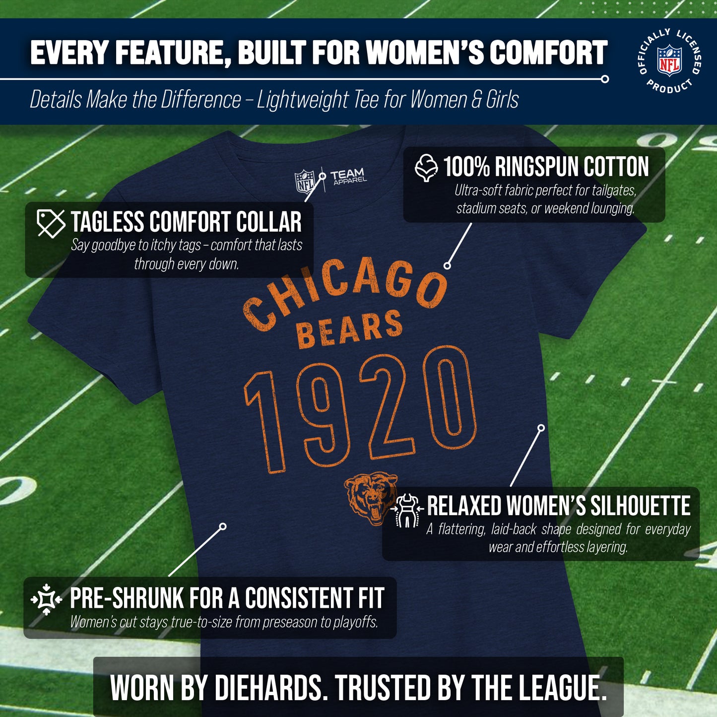 Chicago Bears NFL Womens Big Date Tag-Less T-Shirt - Navy