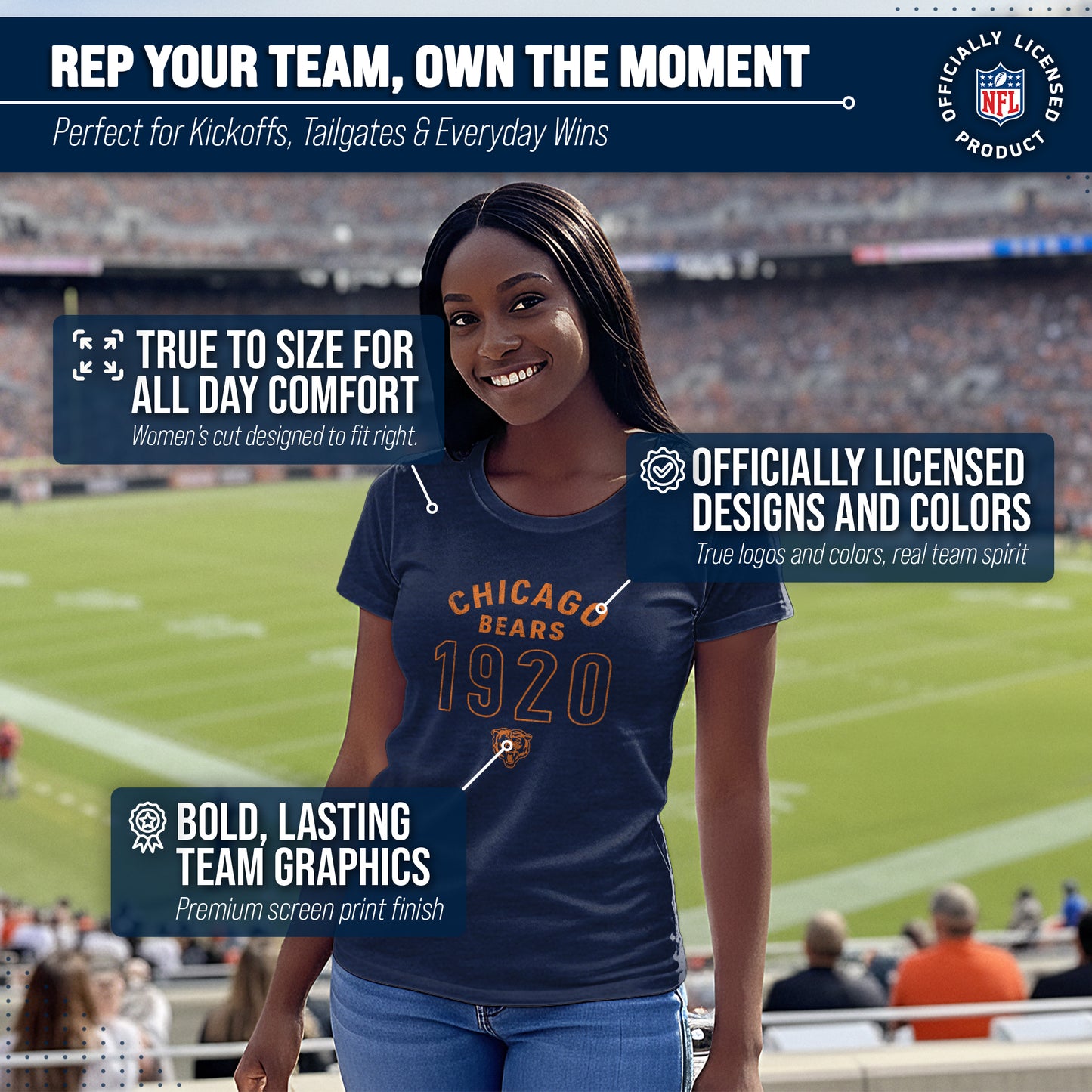 Chicago Bears NFL Womens Big Date Tag-Less T-Shirt - Navy
