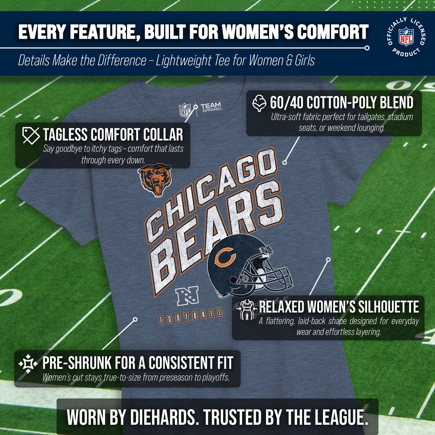 Chicago Bears NFL Womens Distressed Helmet Tag-Less Soft T-Shirt - Blue Heather