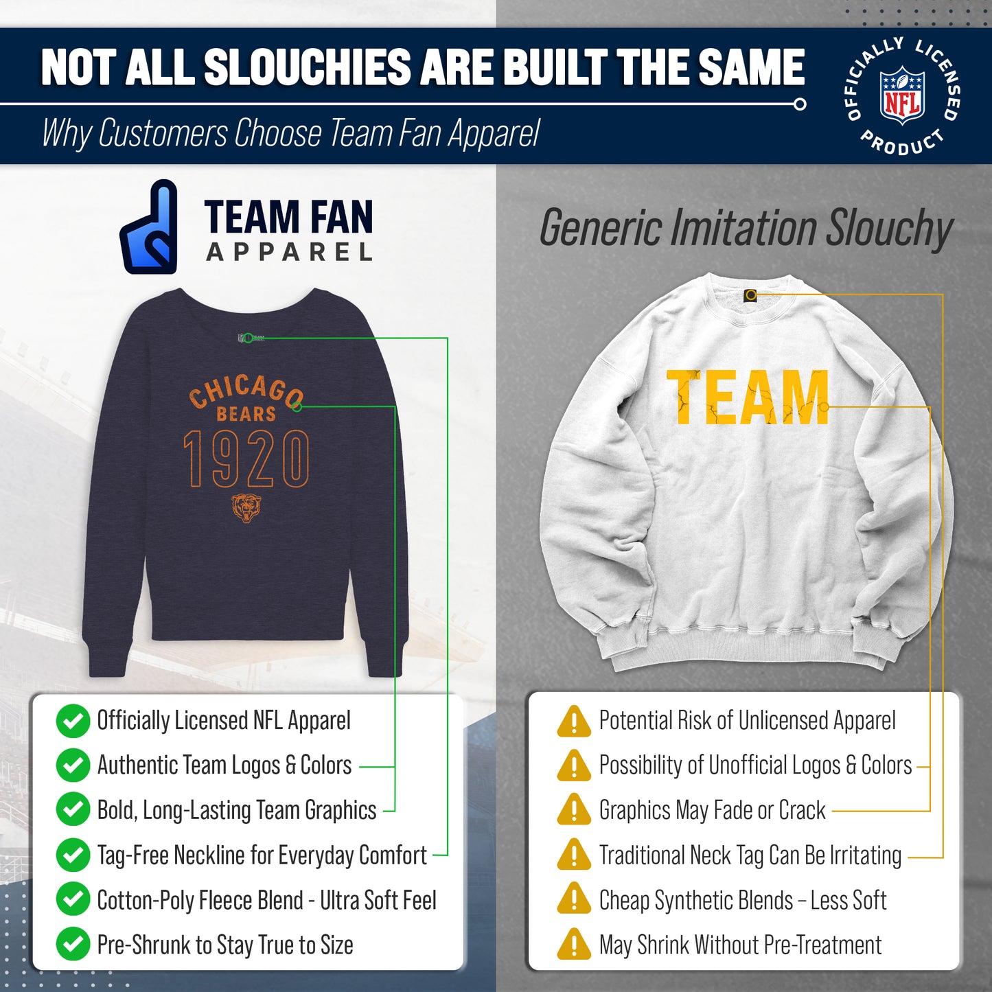 Chicago Bears NFL Womens Big Date Slouchy Crewneck - Navy Heather