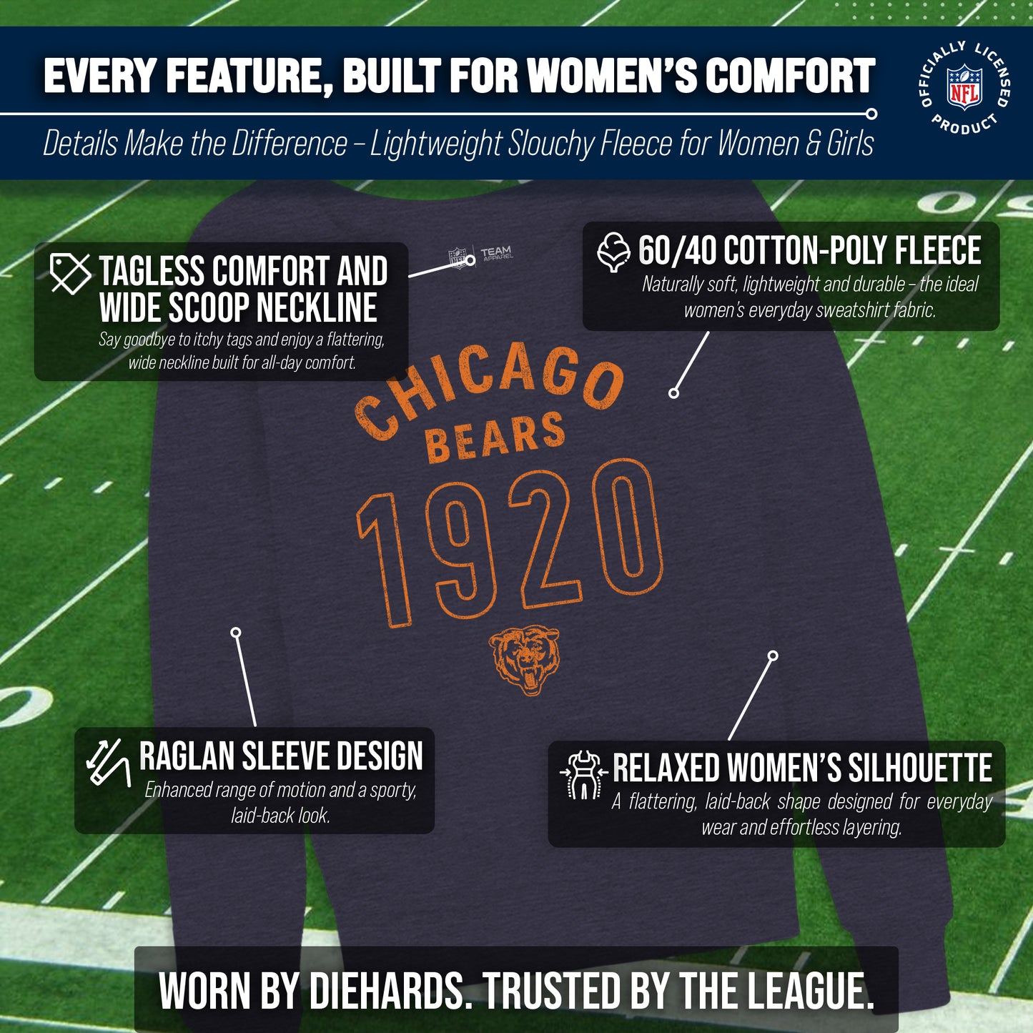 Chicago Bears NFL Womens Big Date Slouchy Crewneck - Navy Heather