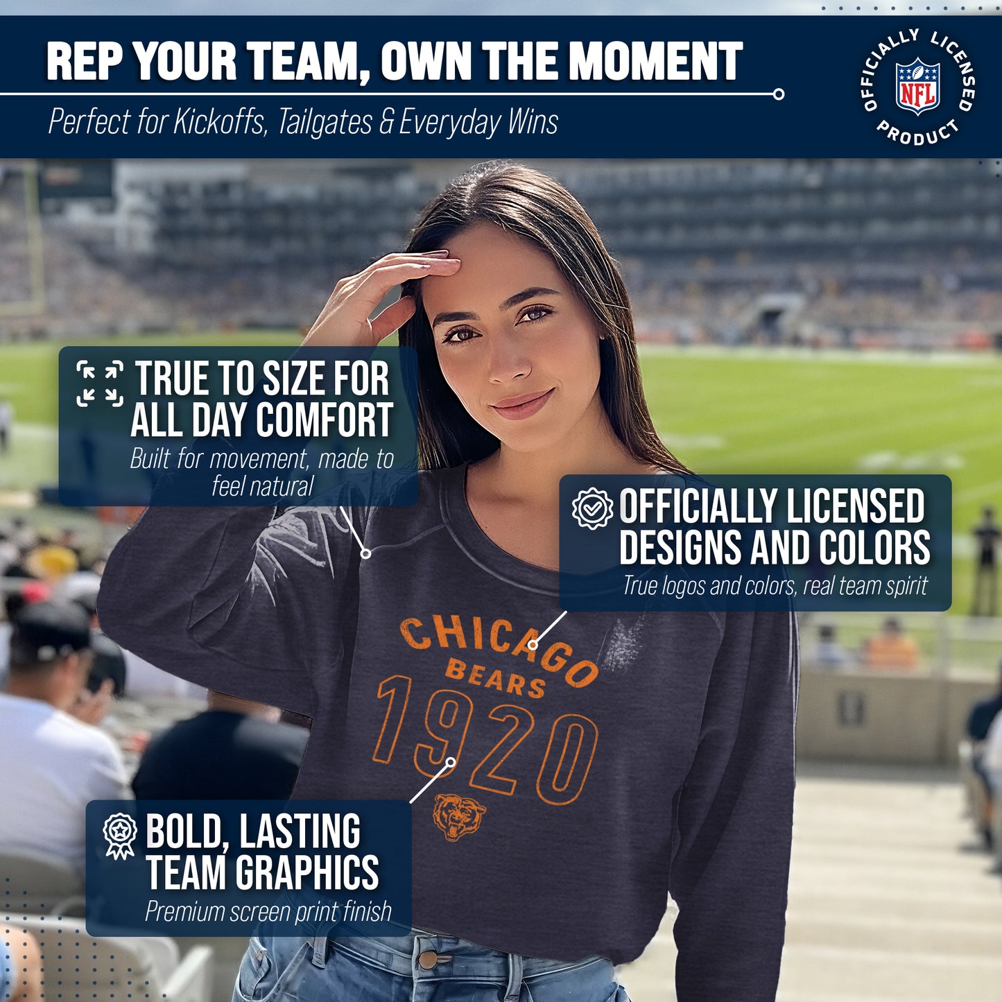 Chicago Bears NFL Womens Big Date Slouchy Crewneck - Navy Heather