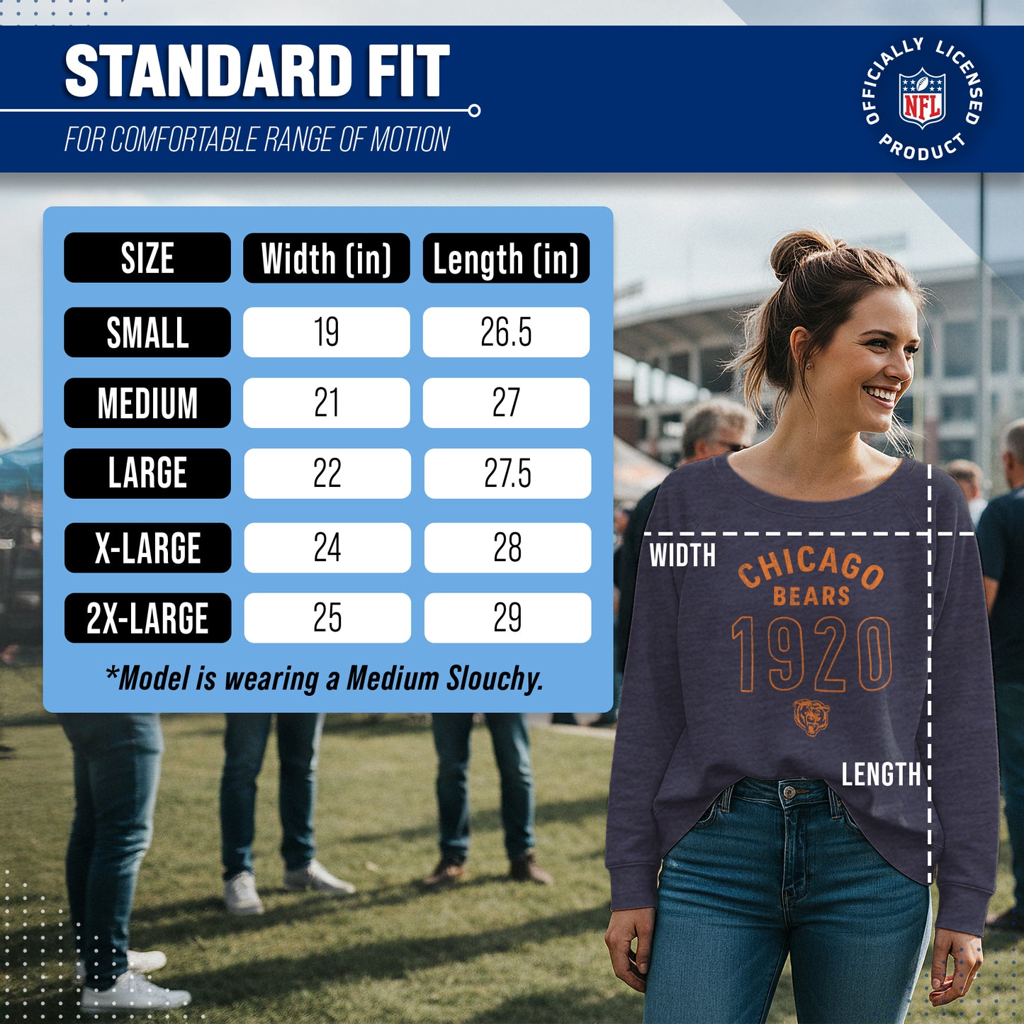 Chicago Bears NFL Womens Big Date Slouchy Crewneck - Navy Heather