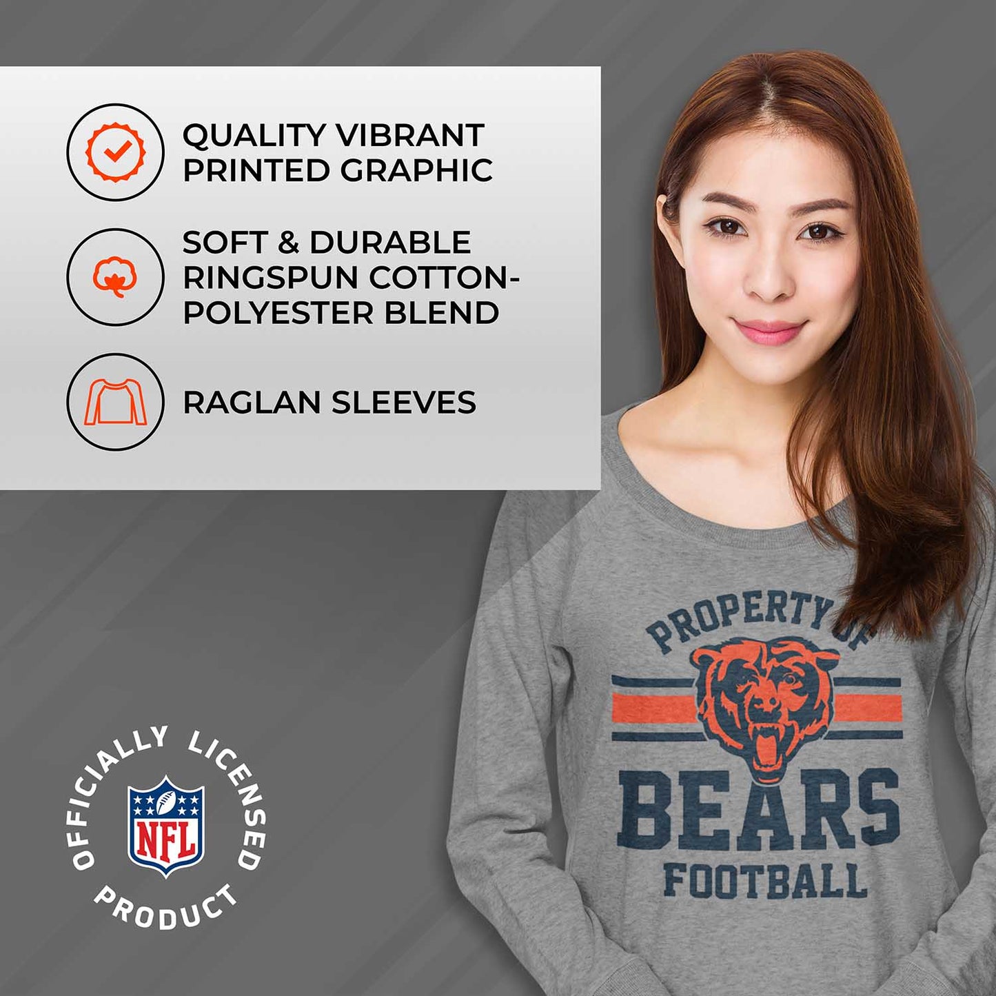 Chicago Bears NFL Womens Property of Lighweight Crew Neck - Sport Gray