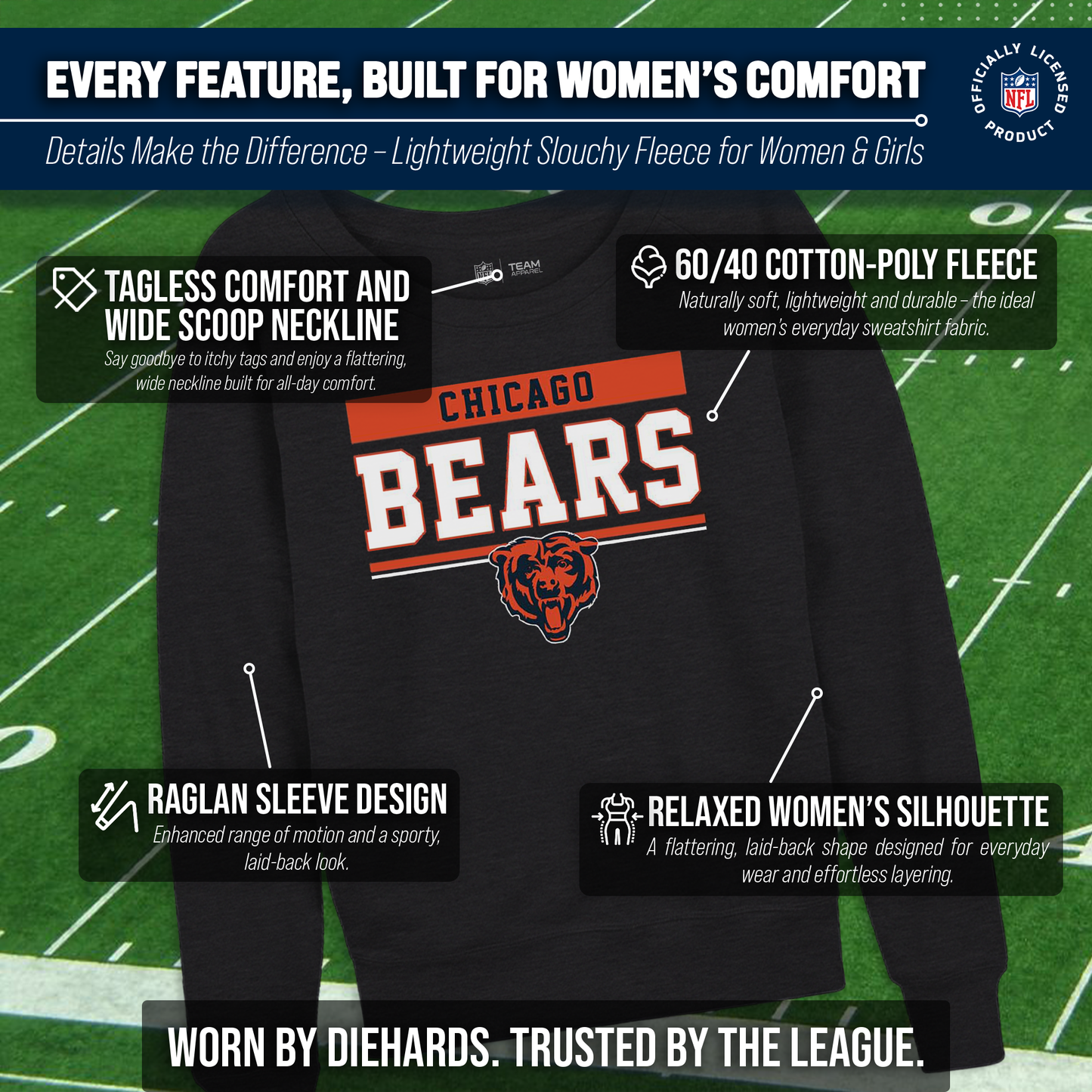 Chicago Bears NFL Womens Charcoal Crew Neck Football Apparel - Charcoal