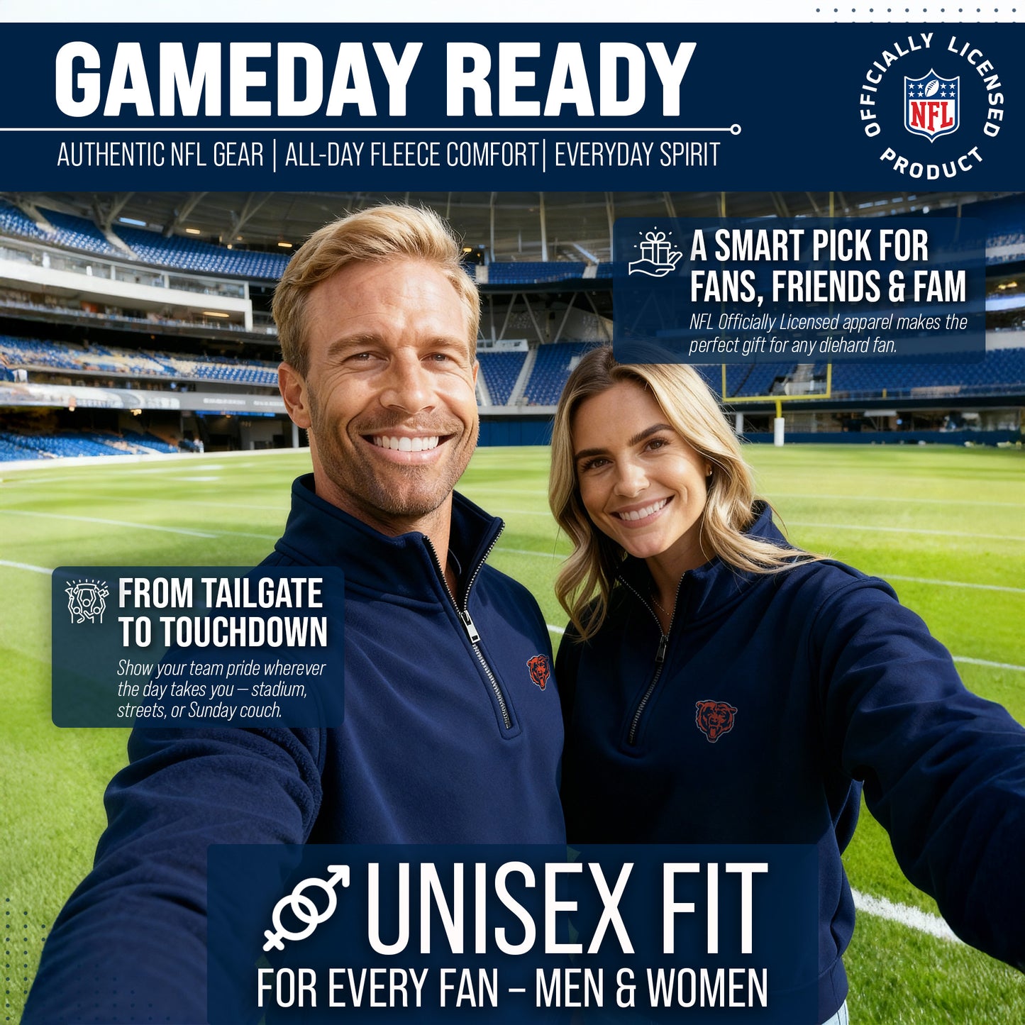 Chicago Bears NFL Adult Unisex Team Logo Quarter Zip Pullover Sweatshirt - Navy