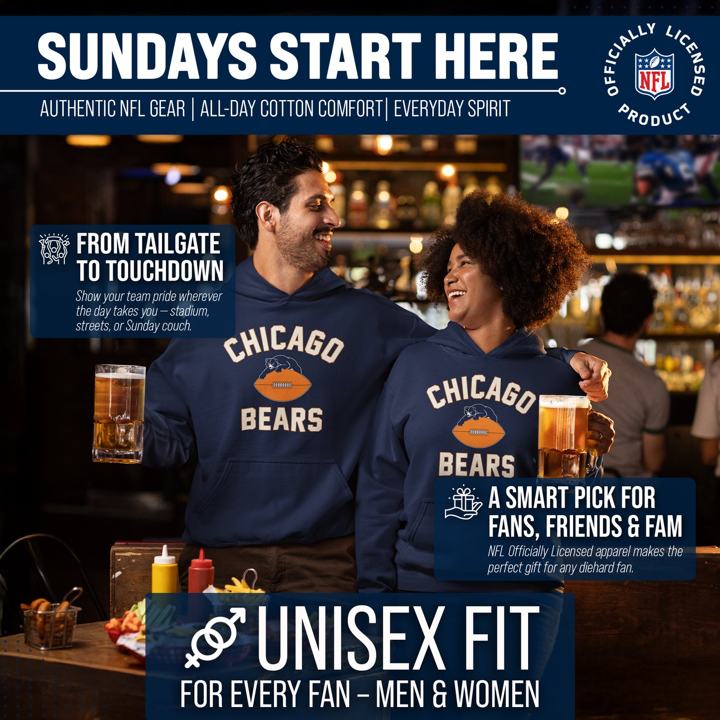 Chicago Bears NFL Adult Unisex Retro Gameday Ultra Soft Fleece Hooded Sweatshirt - Navy