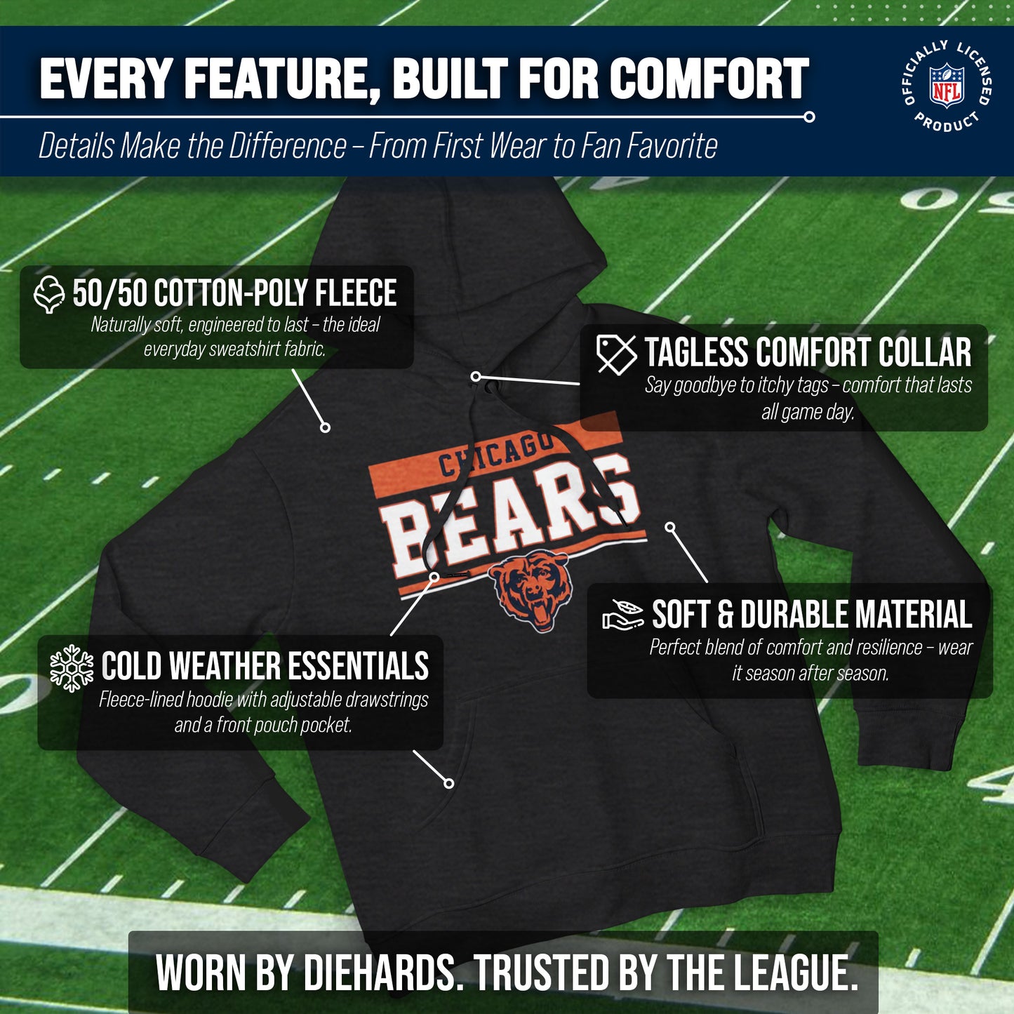 Chicago Bears NFL Adult Gameday Charcoal Hooded Sweatshirt - Charcoal