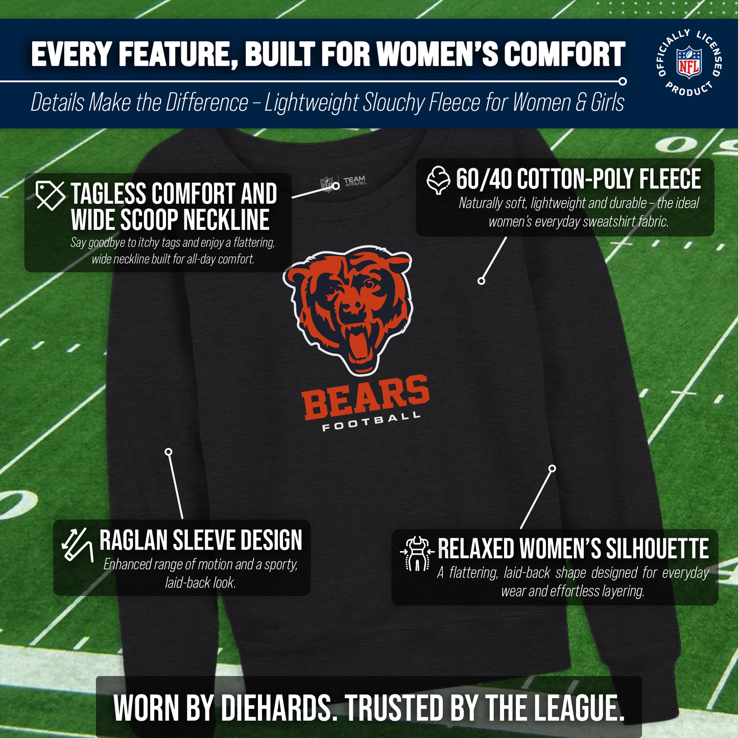 Chicago Bears Women's NFL Ultimate Fan Logo Slouchy Crewneck -Tagless Fleece Lightweight Pullover - Charcoal