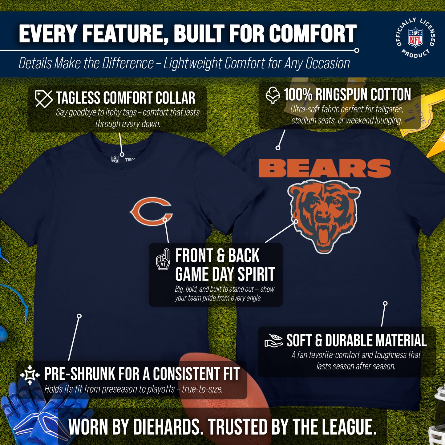 Chicago Bears NFL Pro Football Final Countdown Adult Cotton-Poly Short Sleeved T-Shirt For Men & Women - Navy
