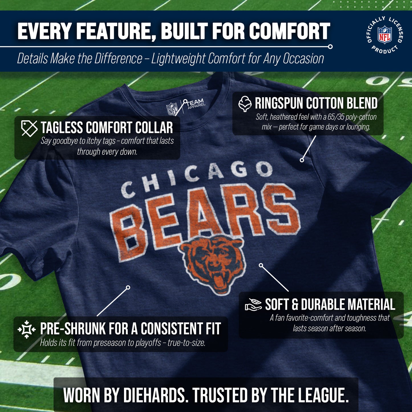 Chicago Bears NFL Starting Fresh Short Sleeve Heather T-Shirt - Navy