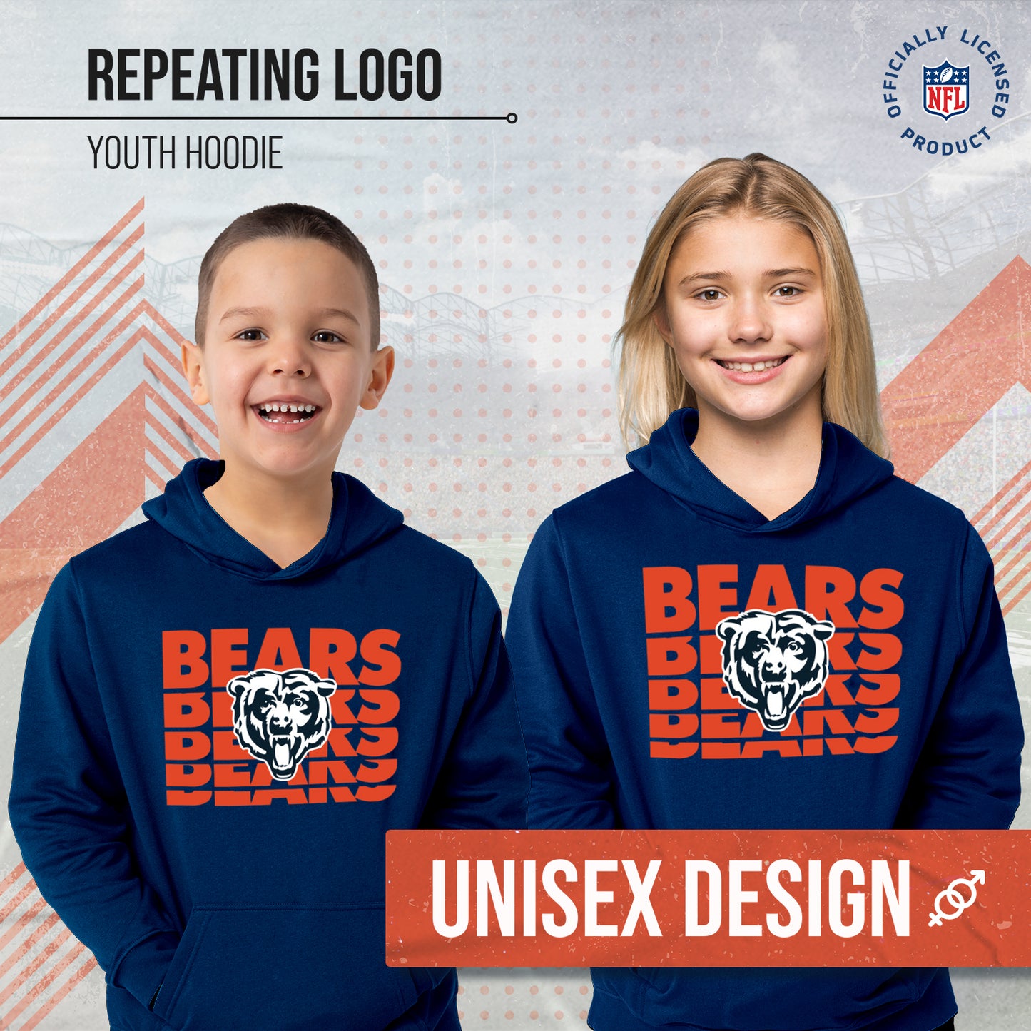 Chicago Bears NFL Youth Repeating Logo Football Fleece Hooded Sweatshirt - Navy