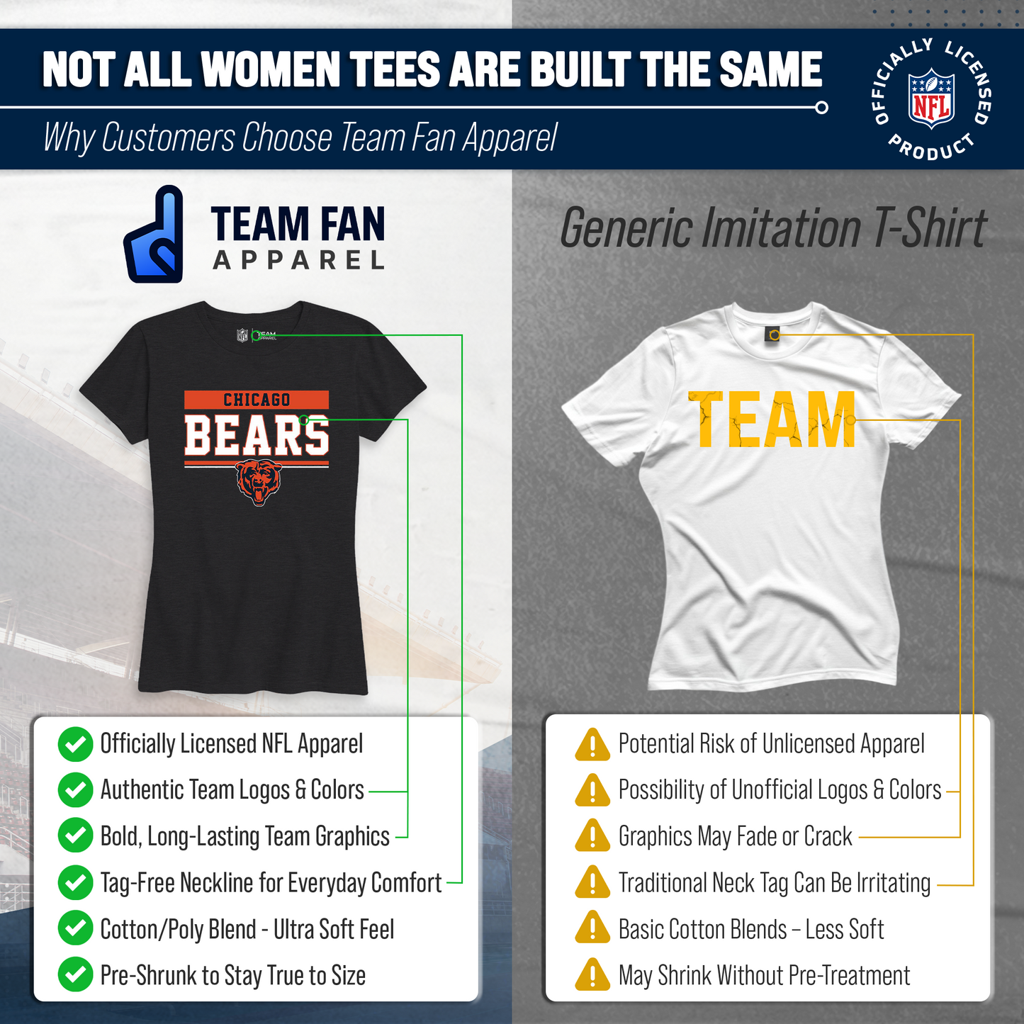 Chicago Bears NFL Women's Team Block Charcoal Tagless T-Shirt - Charcoal