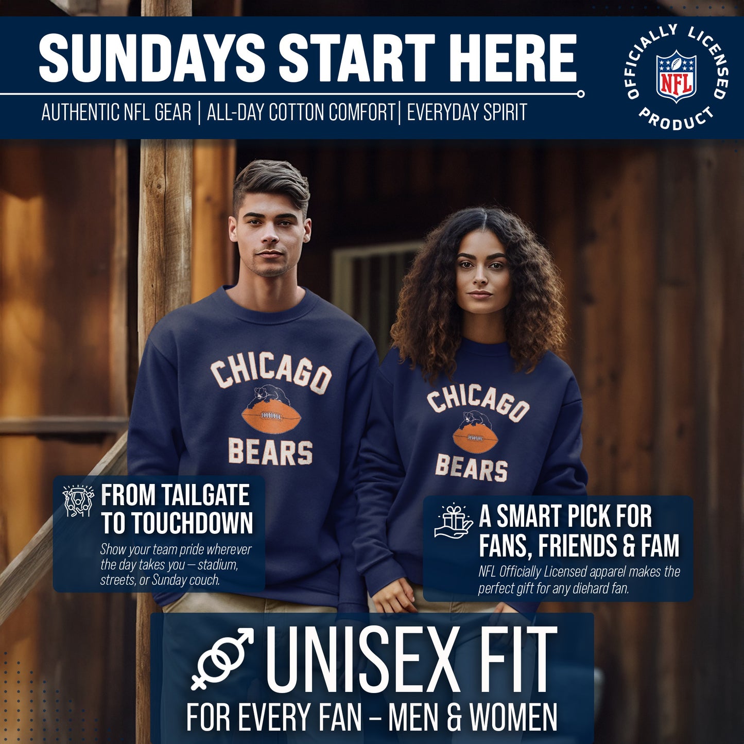 Chicago Bears NFL Adult Unisex Retro Gameday Ultra Soft Fleece Crewneck Sweatshirt - Navy