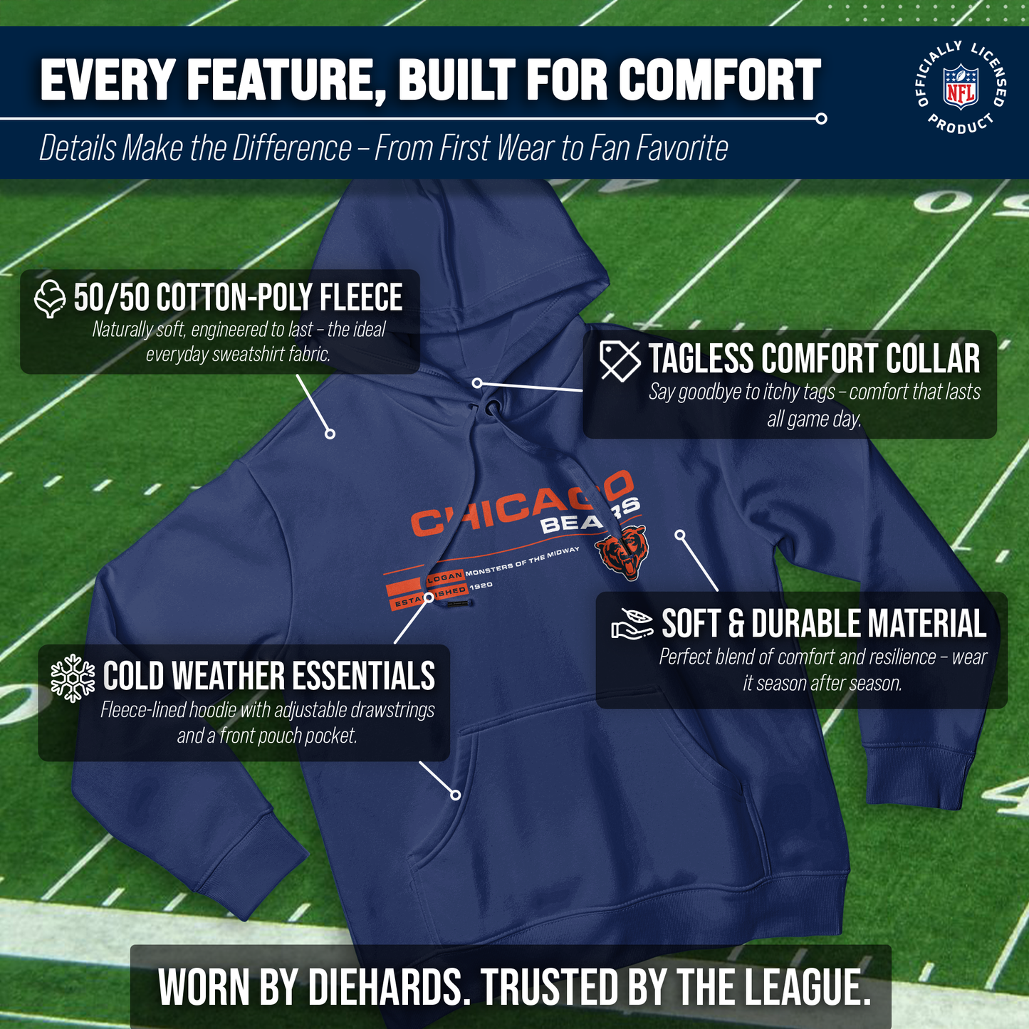 Chicago Bears Adult NFL Speed Stat Sheet Fleece Hooded Sweatshirt - Navy