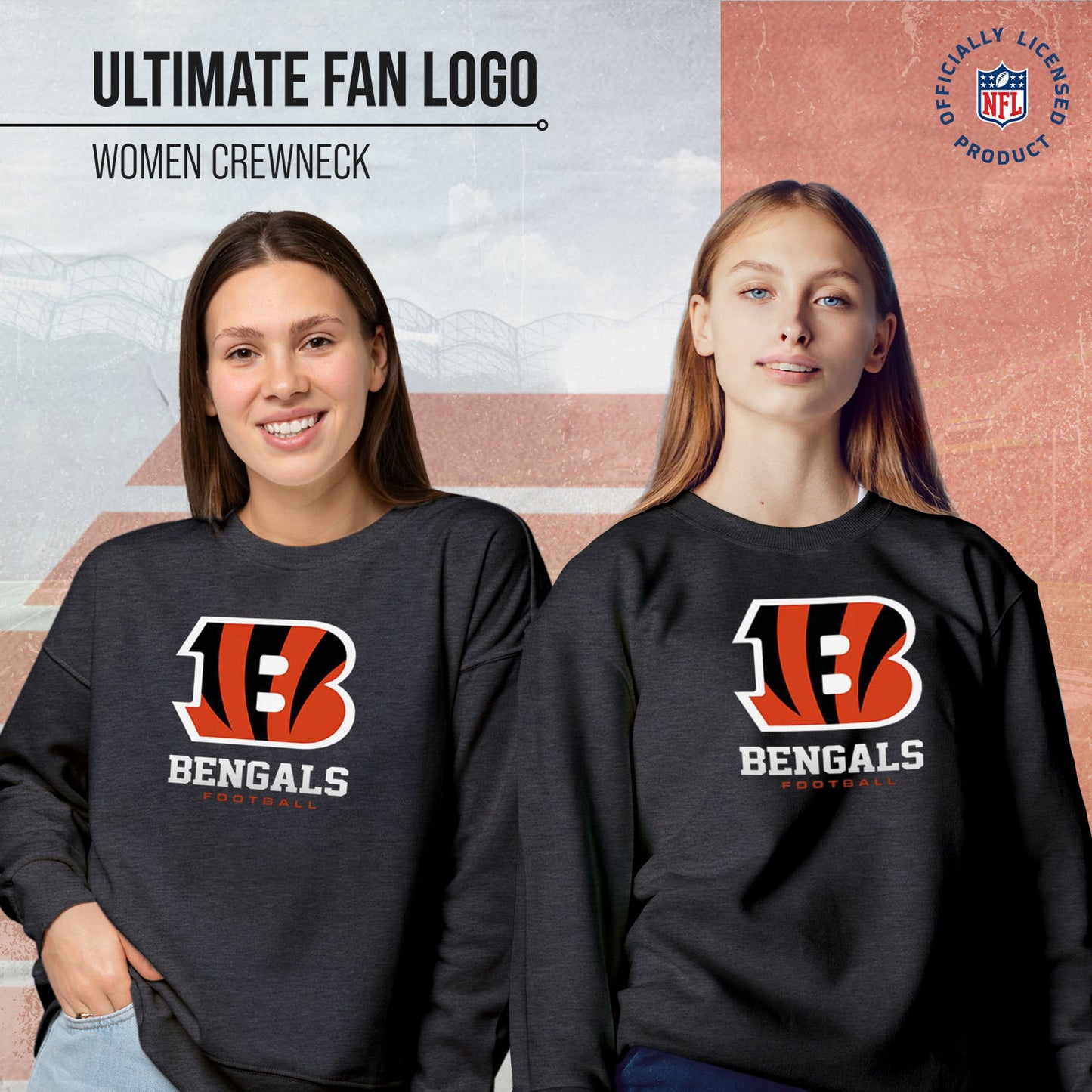 Cincinnati Bengals Women's NFL Ultimate Fan Logo Slouchy Crewneck -Tagless Fleece Lightweight Pullover - Charcoal