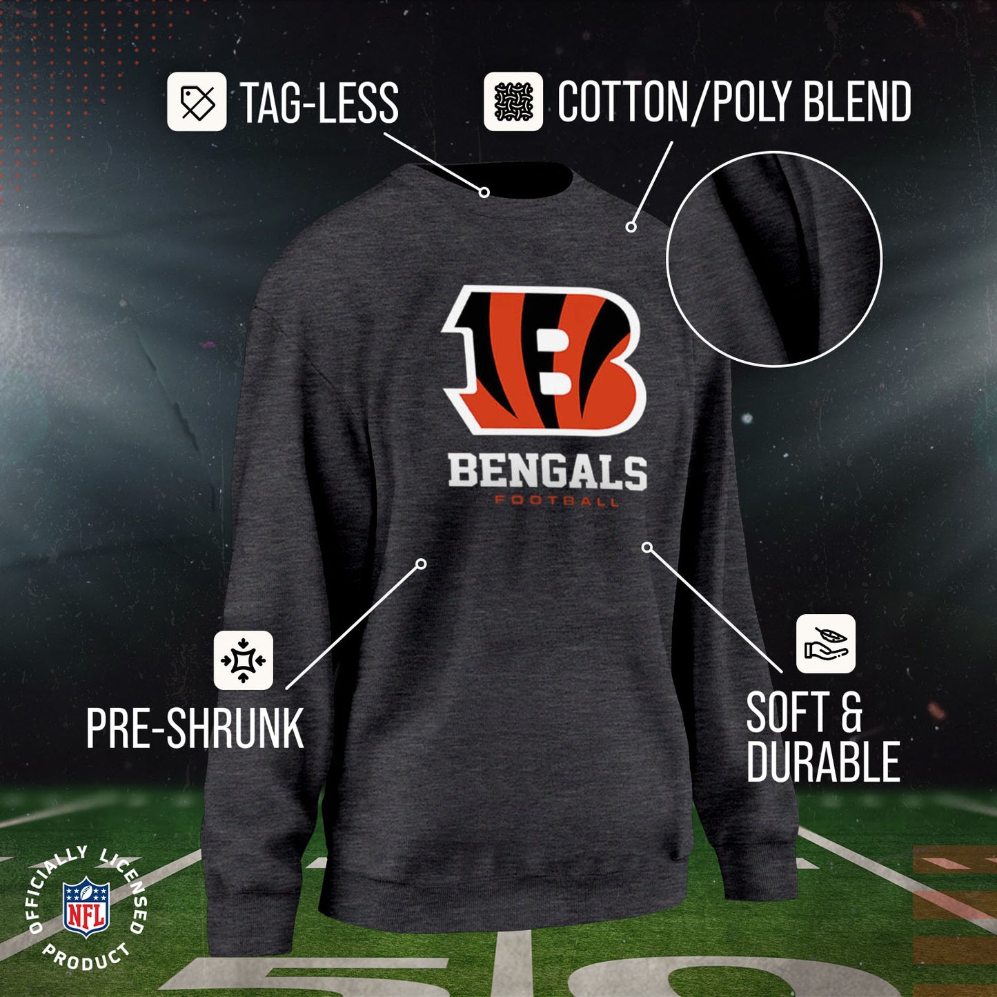 Cincinnati Bengals Women's NFL Ultimate Fan Logo Slouchy Crewneck -Tagless Fleece Lightweight Pullover - Charcoal