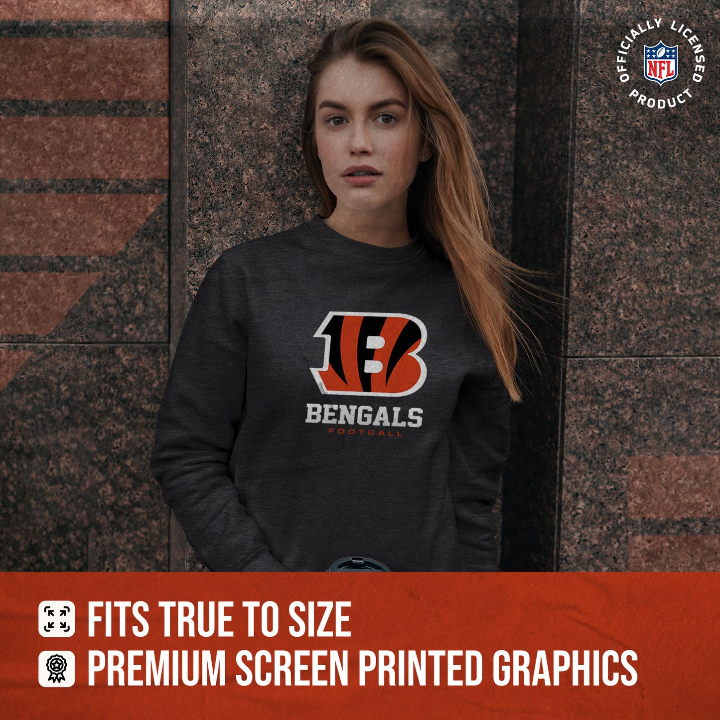 Cincinnati Bengals Women's NFL Ultimate Fan Logo Slouchy Crewneck -Tagless Fleece Lightweight Pullover - Charcoal