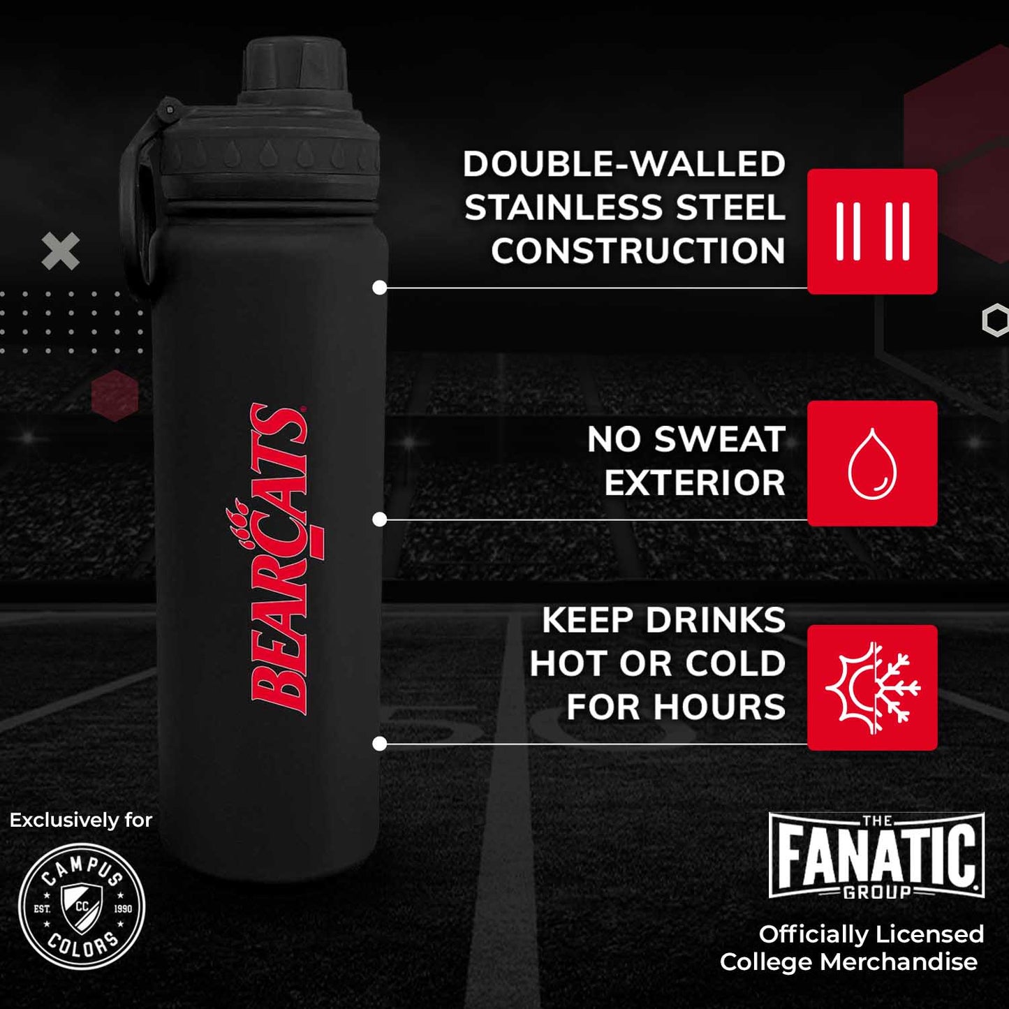 Cincinnati  Bearcats NCAA Stainless Steel Water Bottle - Black