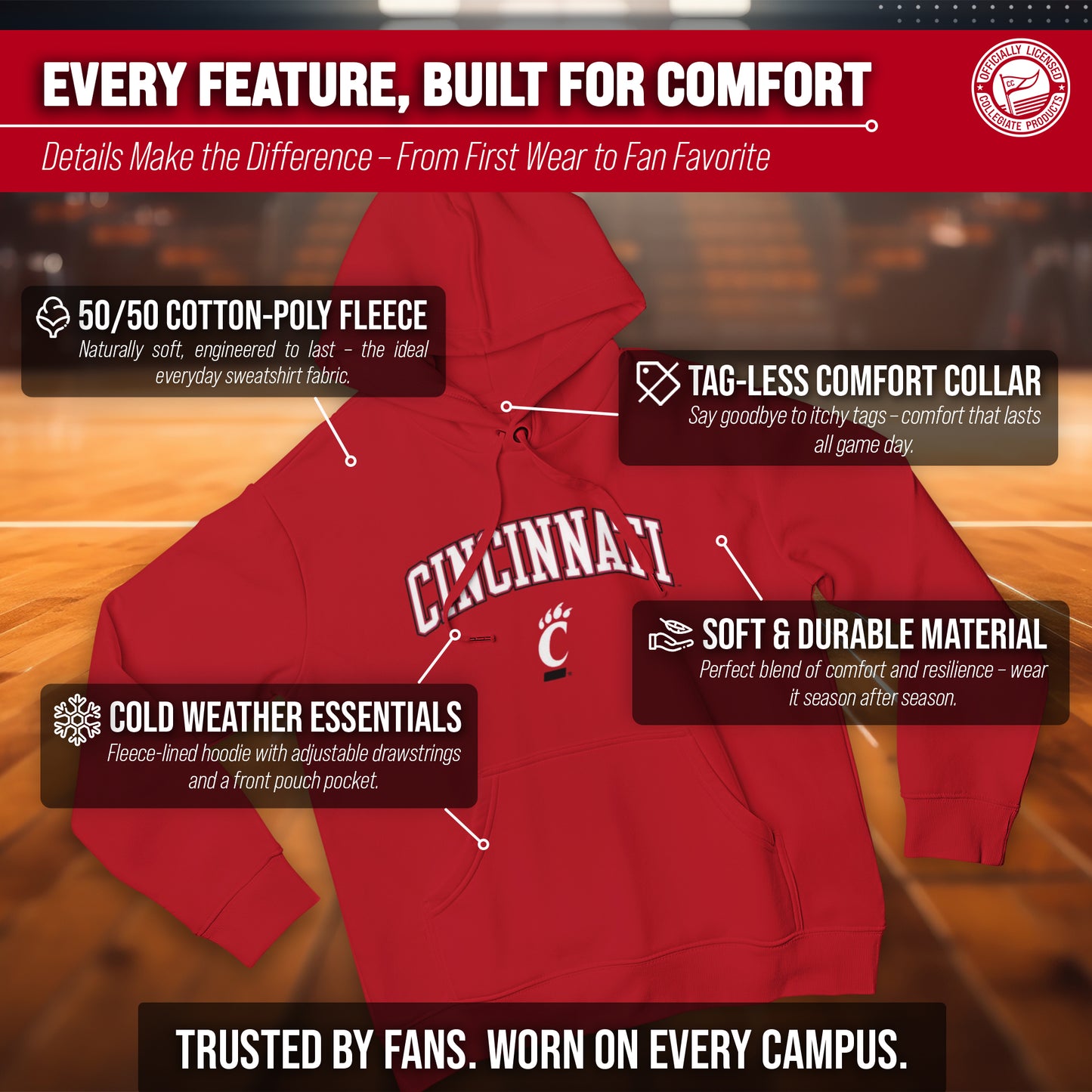 Cincinnati Bearcats Adult Arch & Logo Soft Style Gameday Hooded Sweatshirt - Red