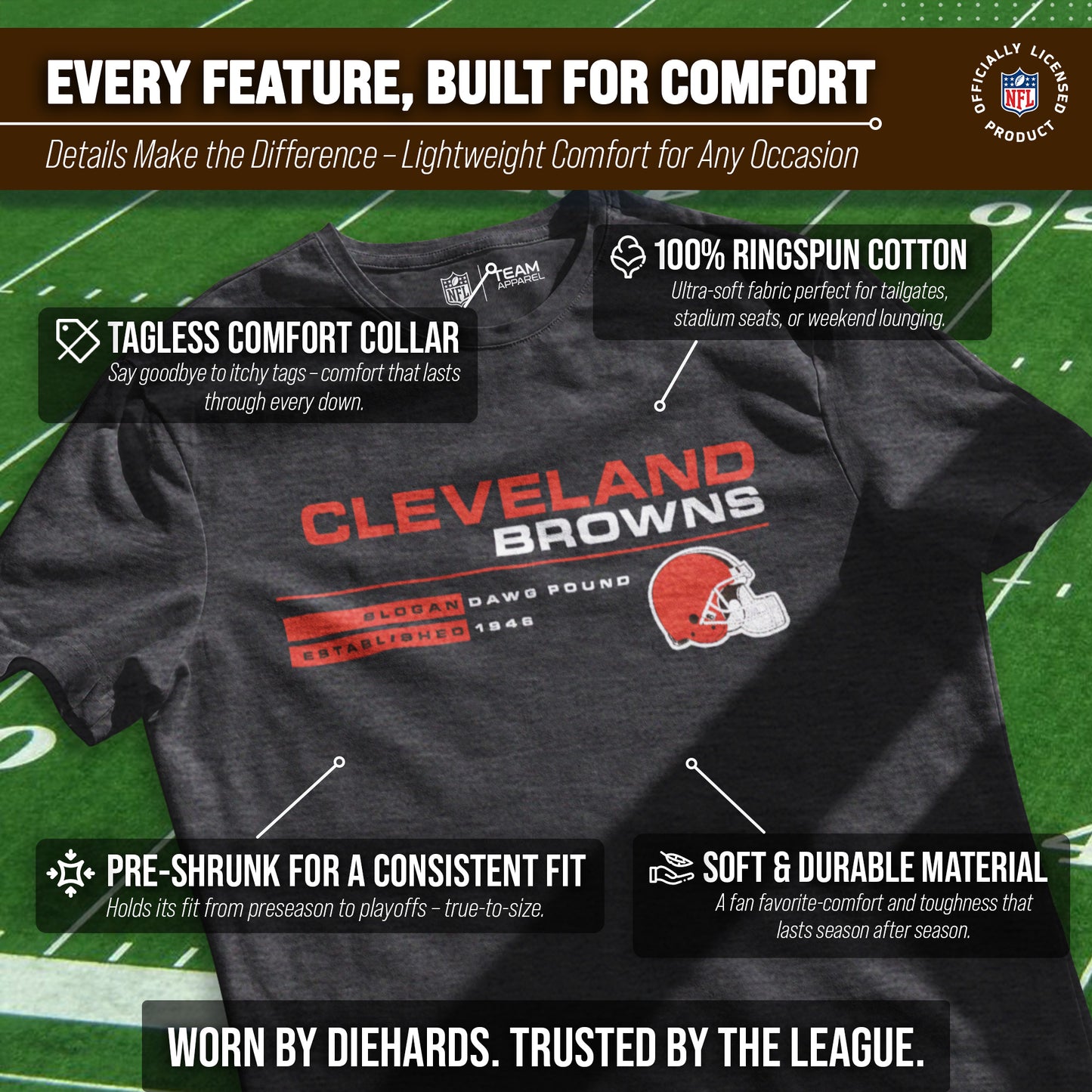Cleveland Browns Adult NFL Speed Stat Sheet T-Shirt - Charcoal